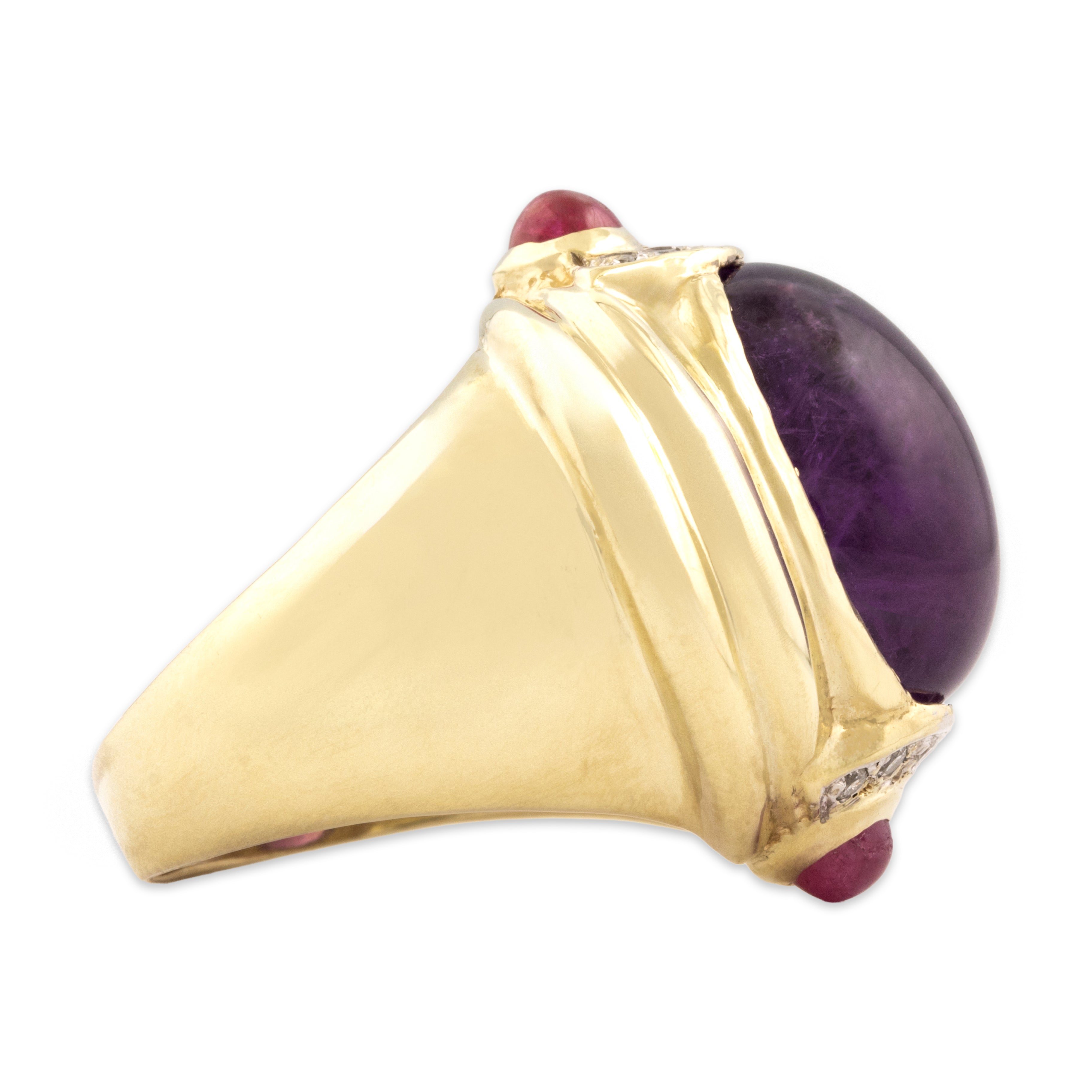 Vintage Heavy 14k Yellow Gold 9.98ct Amethyst .84cttw Ruby Diamond Fabulous Cabochon Accent Cocktail Ring - Side view