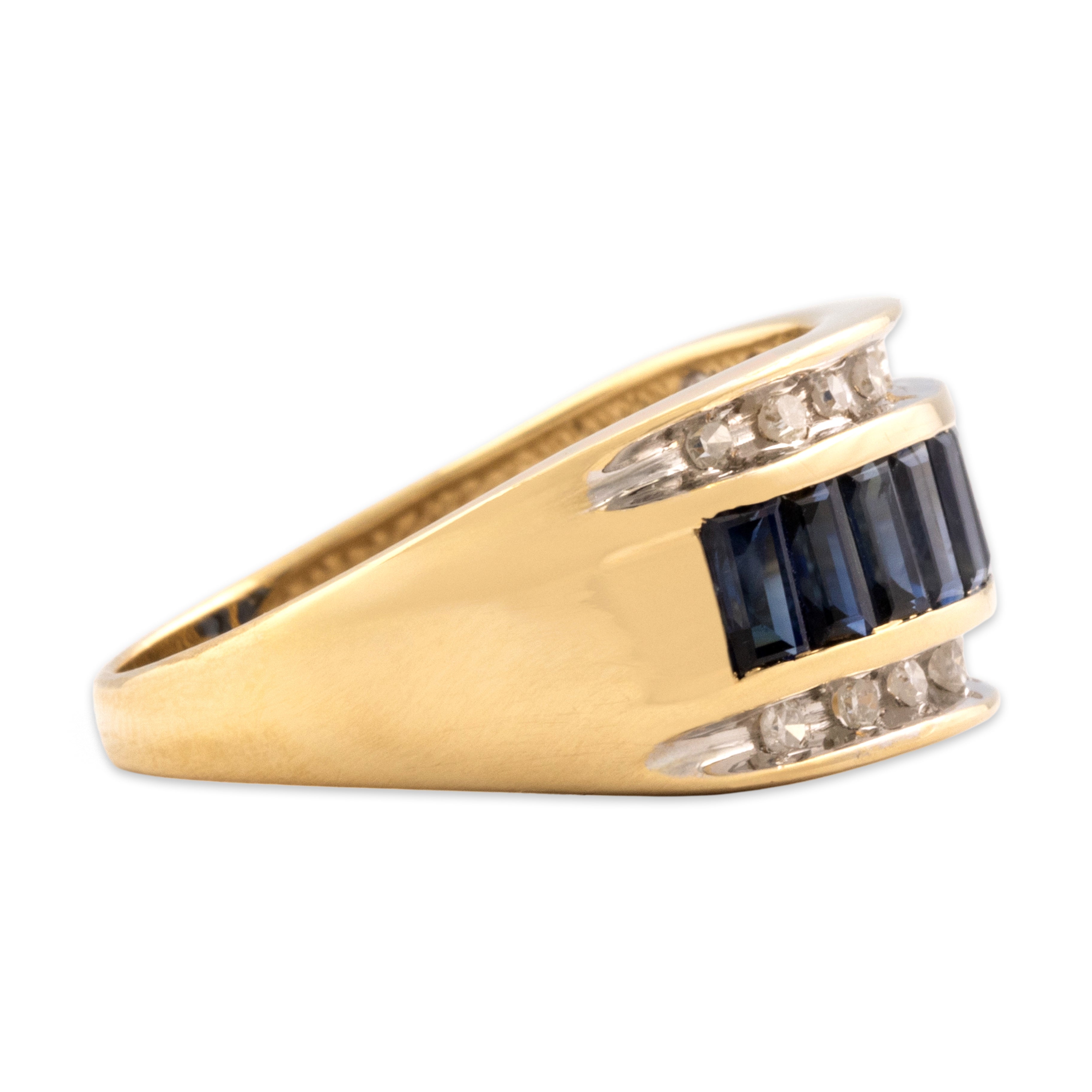 Vintage 14k Yellow Gold 1.49cttw Blue Sapphire Diamond Wide Vivid Channel Band Ring - Side view
