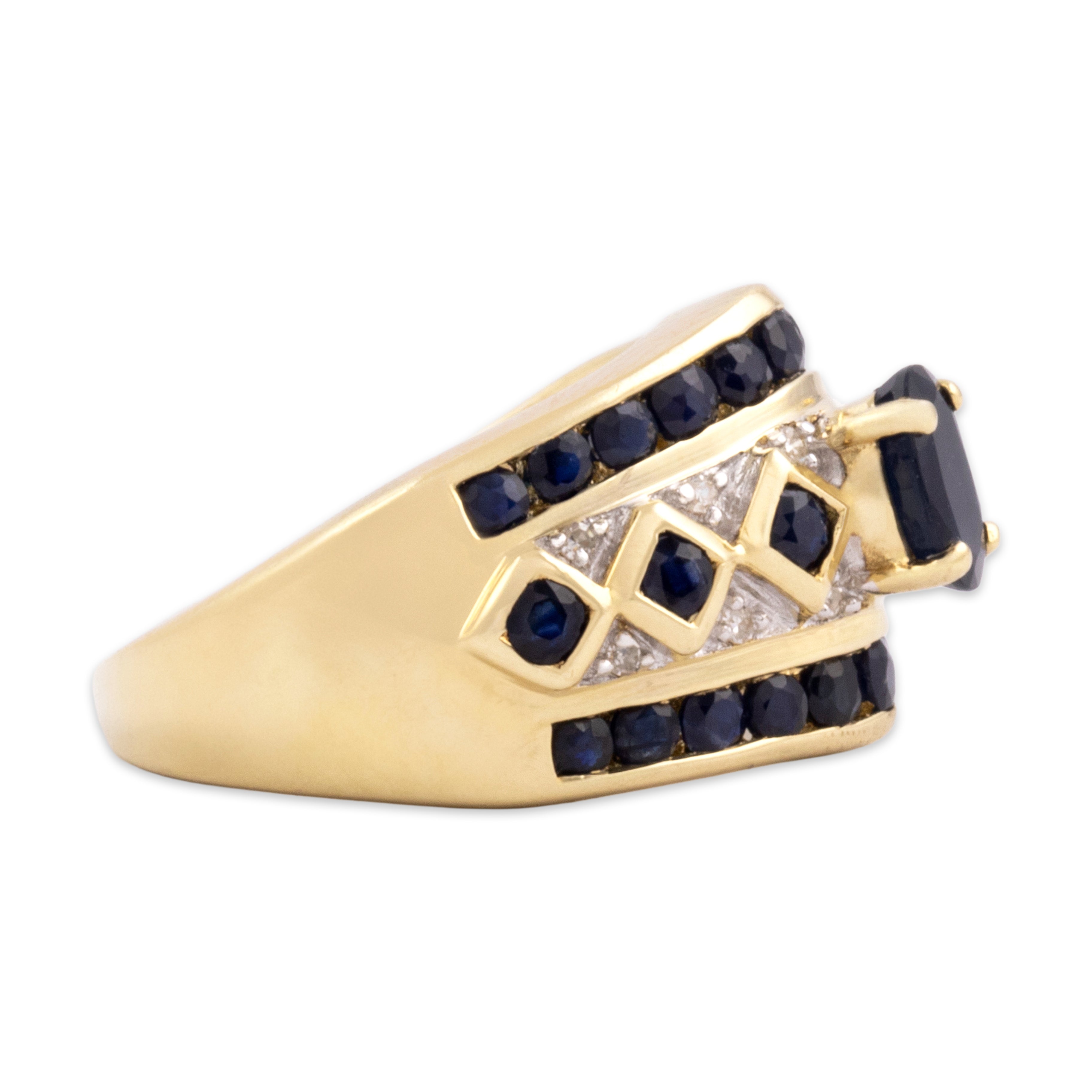 Vintage 14k Yellow Gold 1.42cttw Blue Sapphire Diamond Bold Wide Geometric Channel Border Ring - Side view