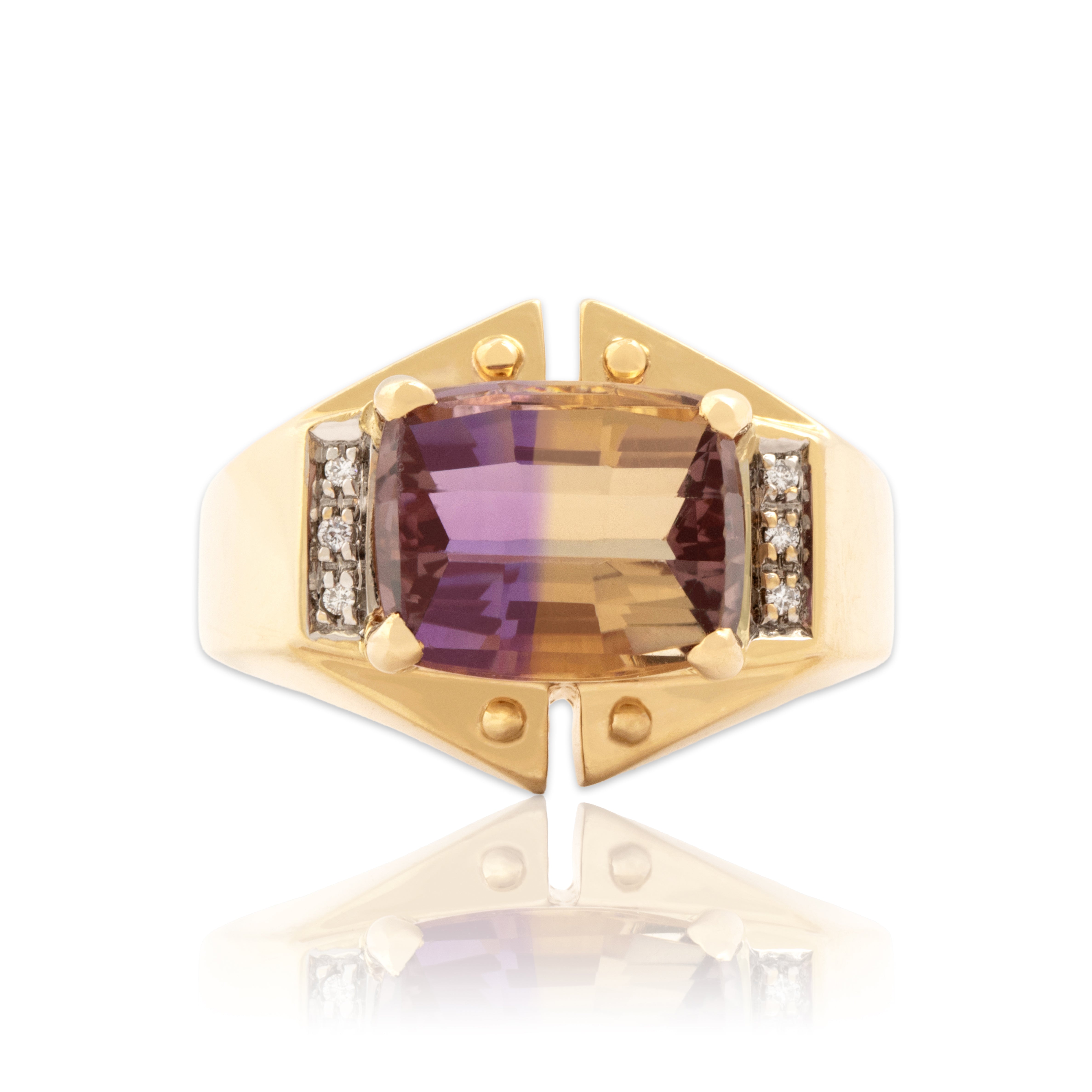 Vintage 14k Yellow Gold 4.04ct Ametrine Diamond Bold East-West Geometric Cocktail Ring - Close-up view