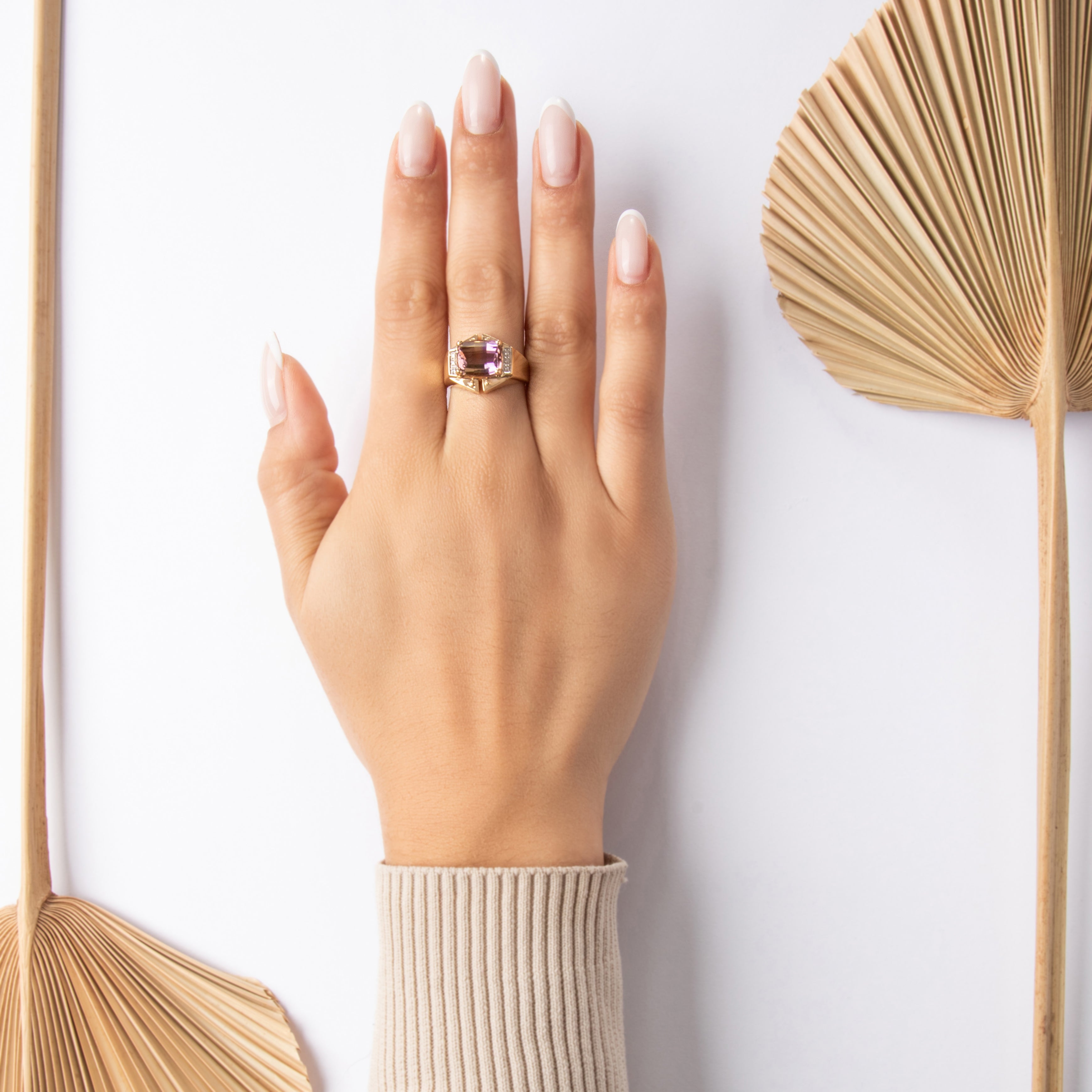 Vintage 14k Yellow Gold 4.04ct Ametrine Diamond Bold East-West Geometric Cocktail Ring - On model view