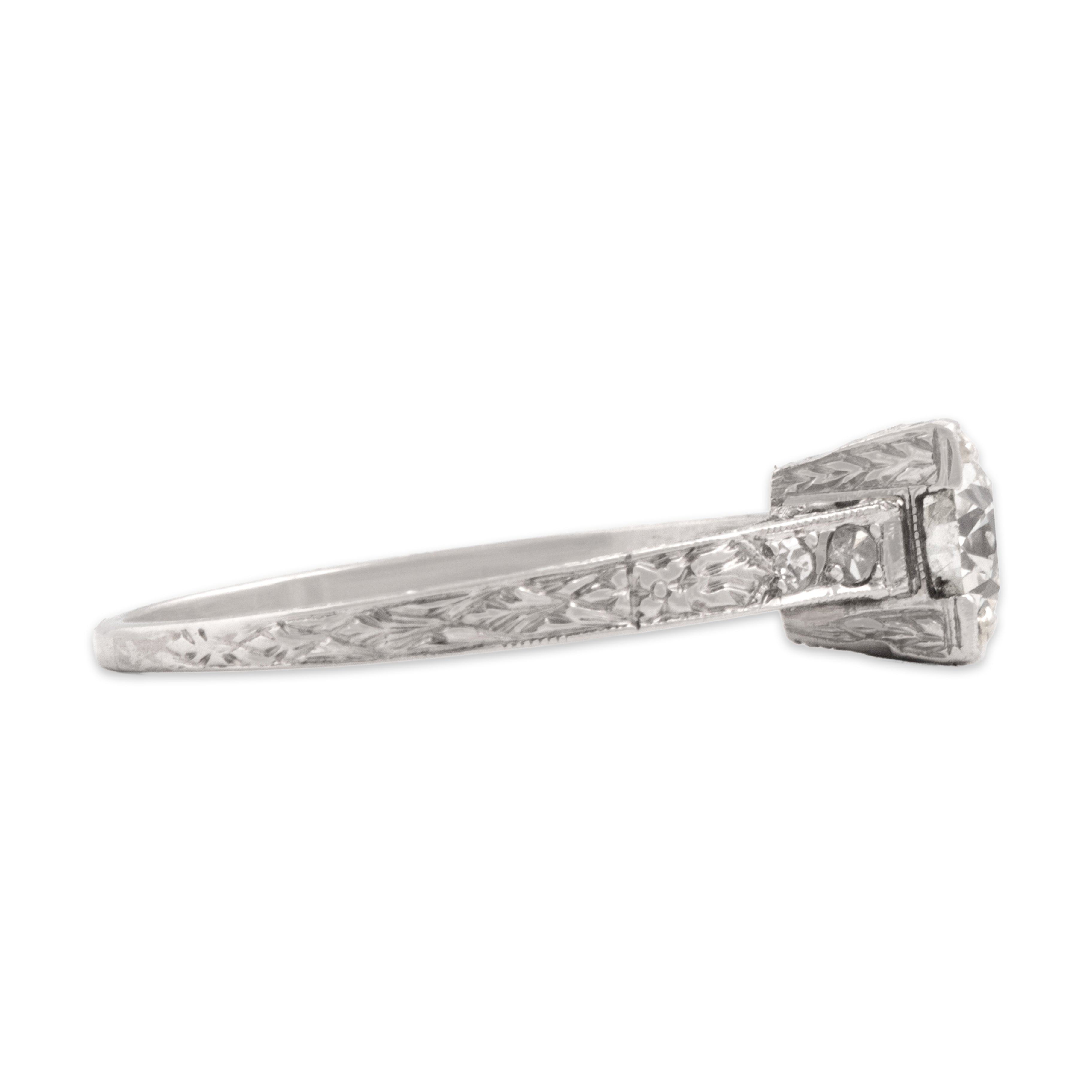 Antique Art Deco Platinum 1.02cttw Old European Cut Diamond Stunning Floral Engraved Solitaire Ring - Side view