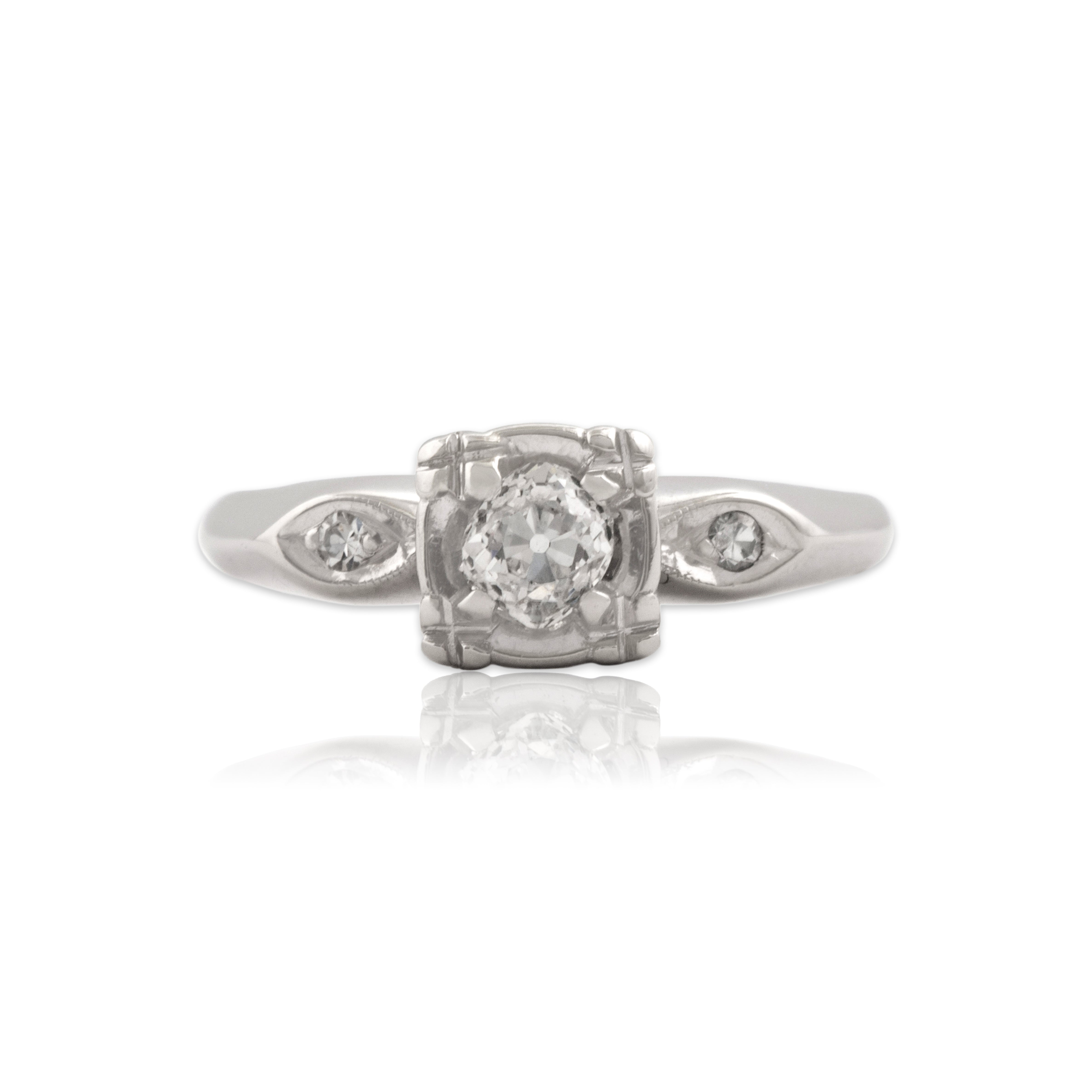 Vintage 14k White Gold Old Mine Cut Diamond Marquise Illusion Accent Solitaire Ring - Close-up view