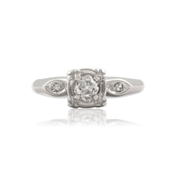 Vintage 14k White Gold Old Mine Cut Diamond Marquise Illusion Solitaire Ring 6.75