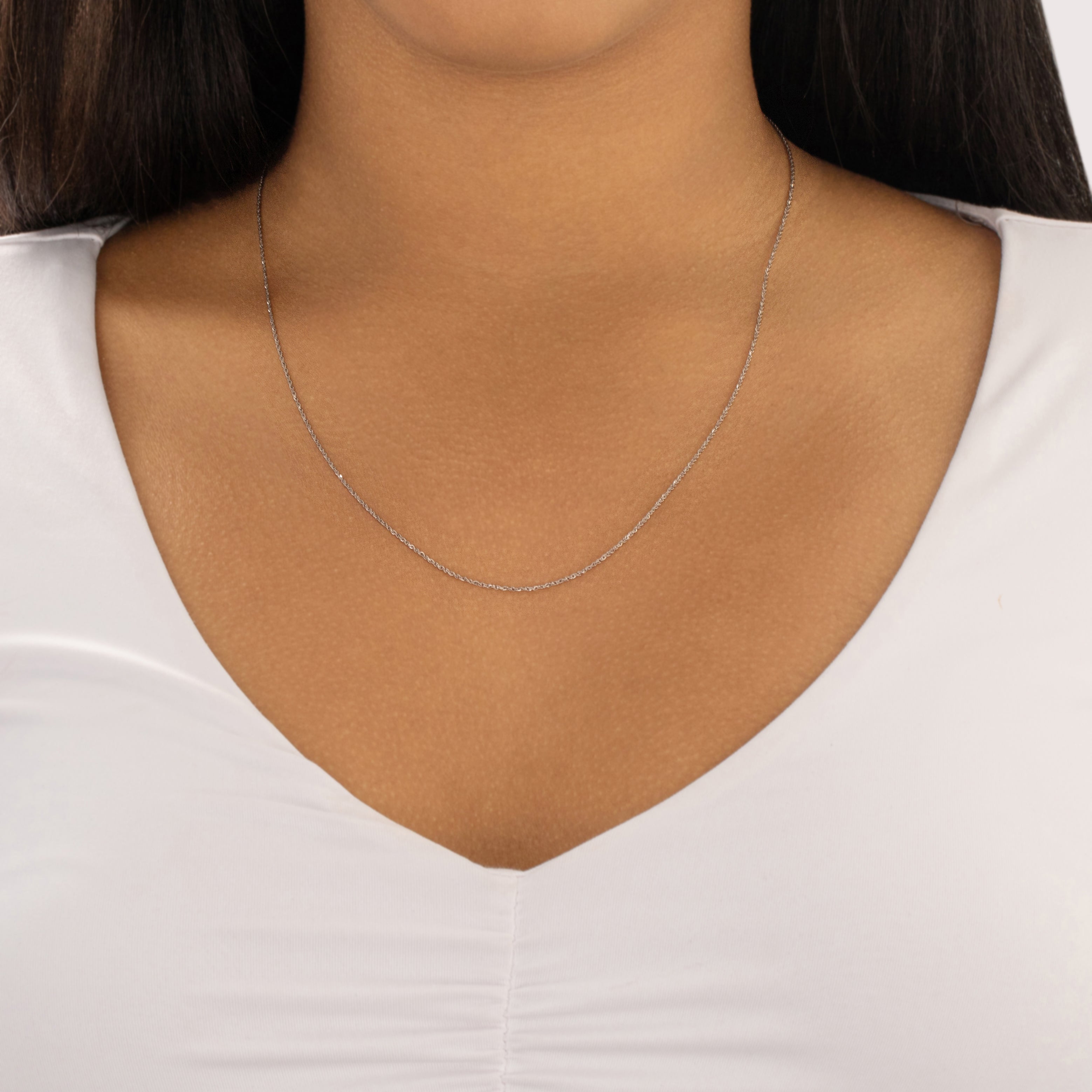 Vintage 14k White Gold 1mm Sparkling Twisted Link Chain - On model view
