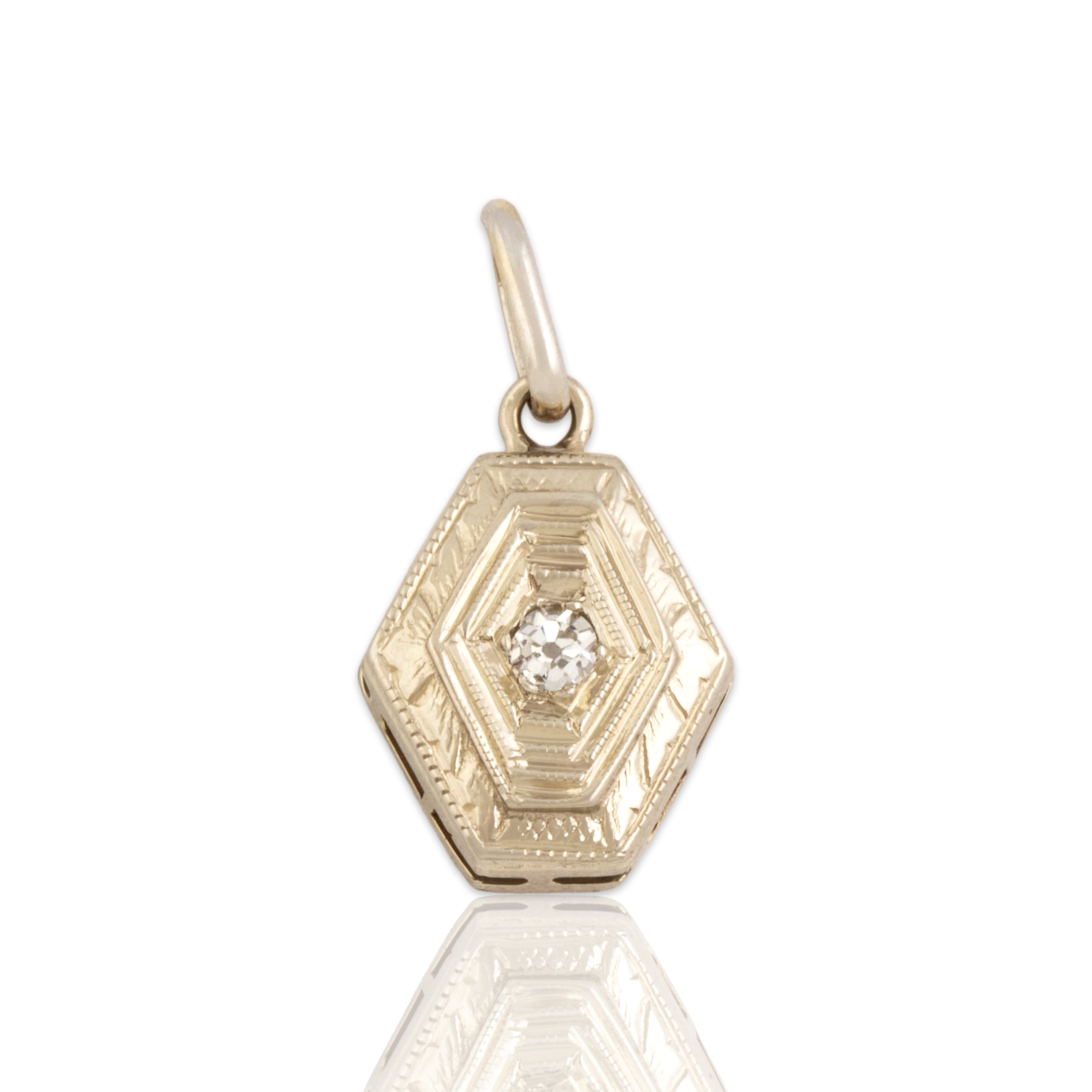 Antique Art Deco 14k White & Yellow Gold Old Mine Cut Diamond Intricate Milgrain Hexagonal Charm / Pendant - Close-up view