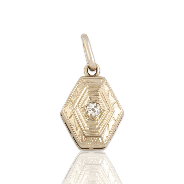 Antique Art Deco 14k White & Yellow Gold Old Mine Cut Diamond Hexagonal Pendant