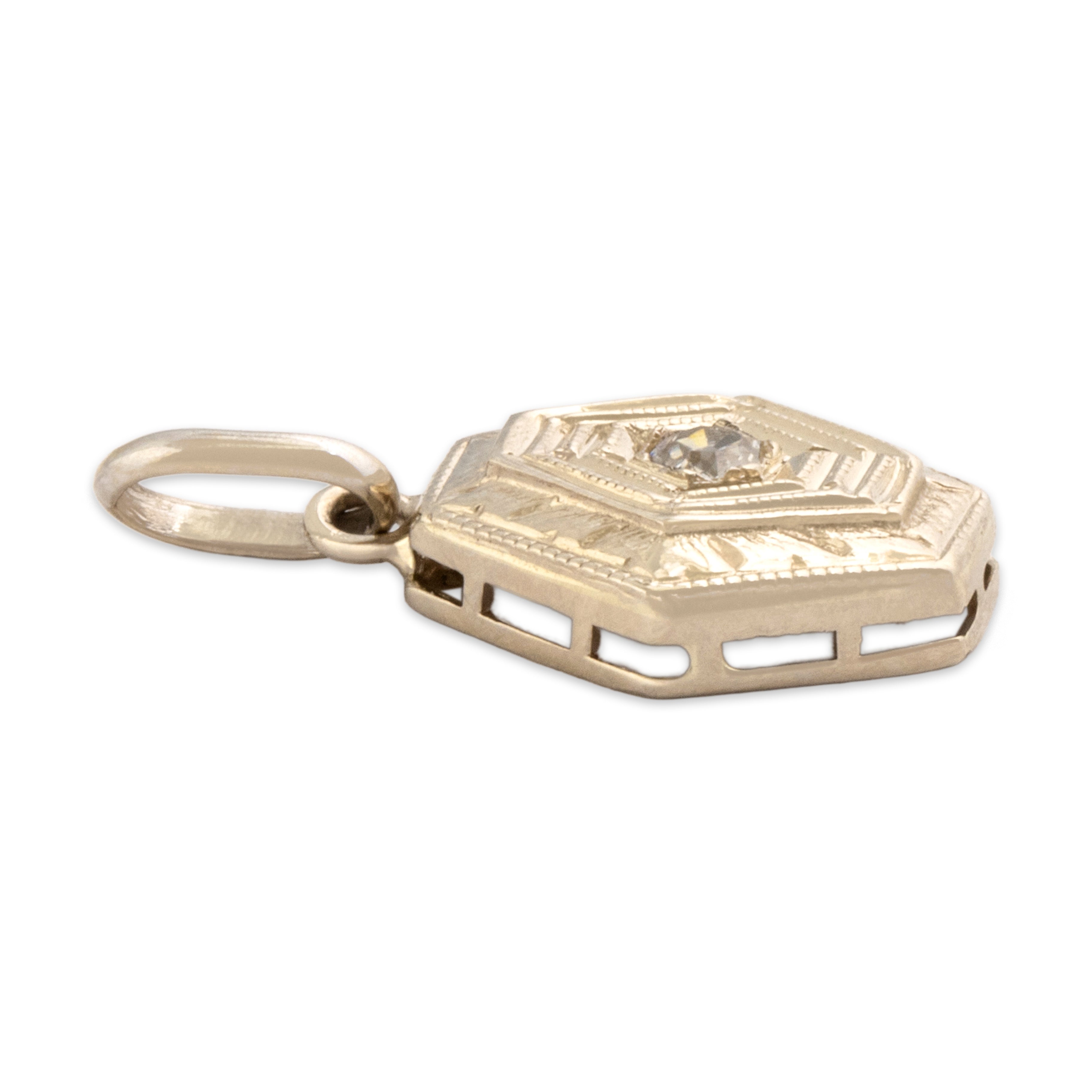 Antique Art Deco 14k White & Yellow Gold Old Mine Cut Diamond Intricate Milgrain Hexagonal Charm / Pendant - Side view