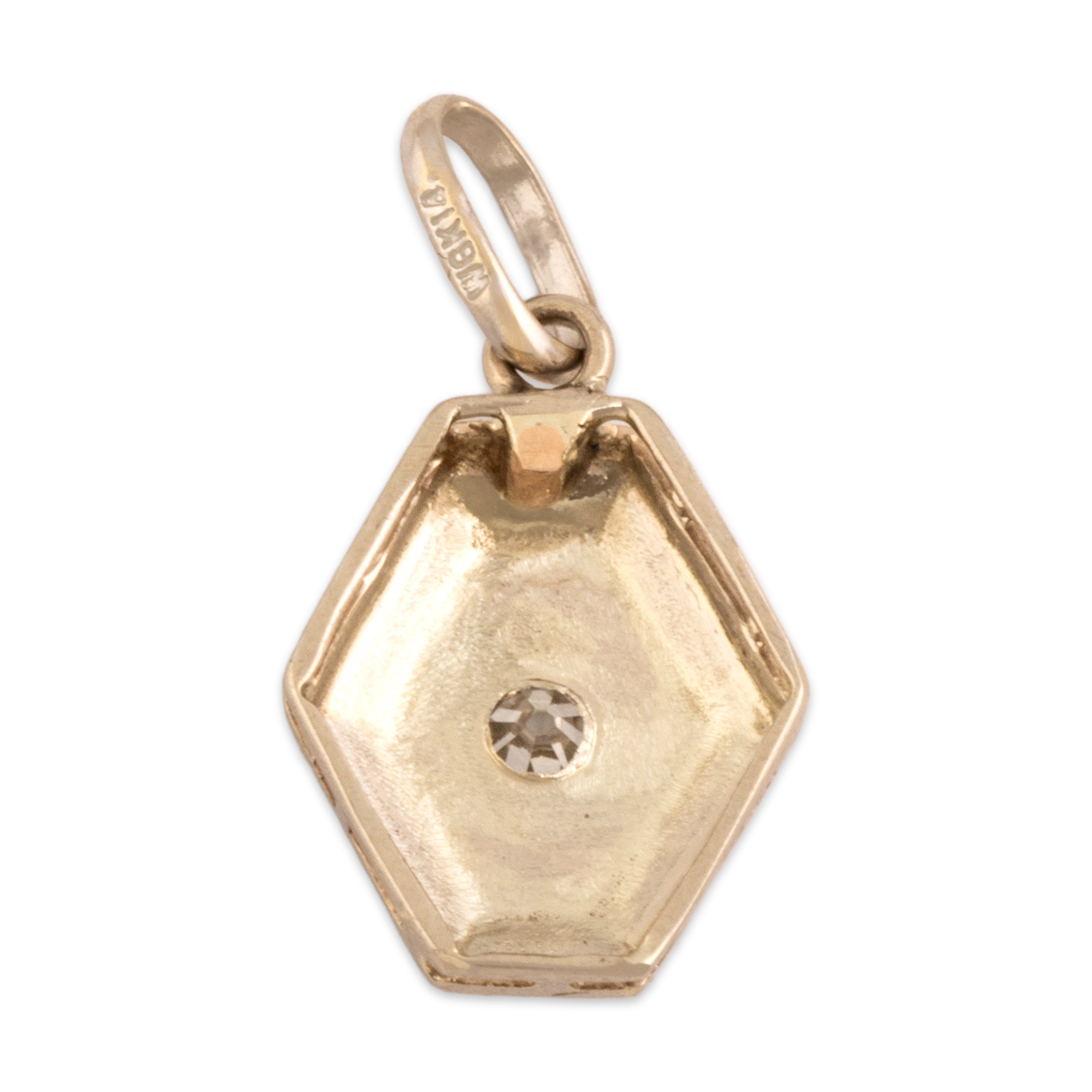 Antique Art Deco 14k White & Yellow Gold Old Mine Cut Diamond Intricate Milgrain Hexagonal Charm / Pendant - Back view