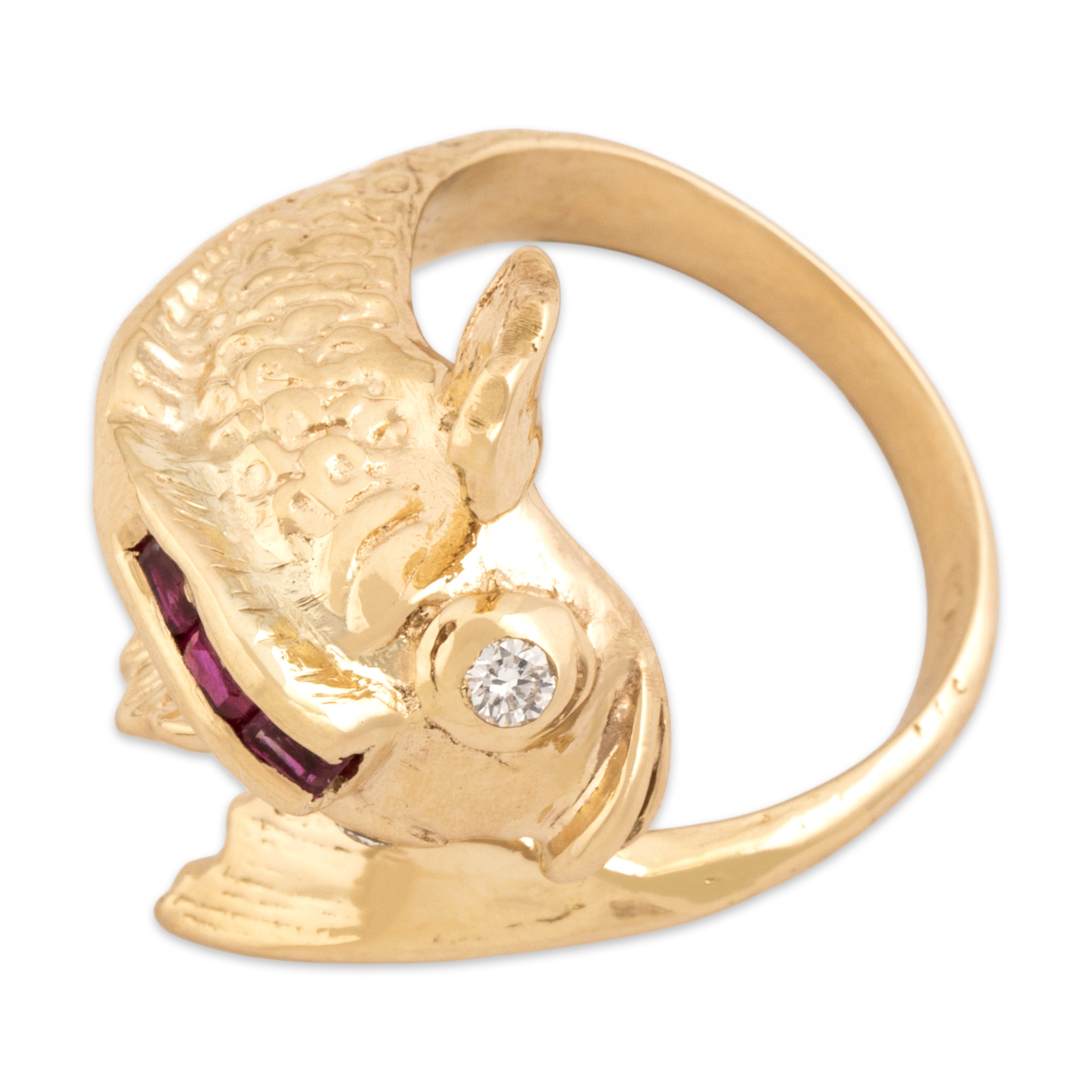 Vintage 14k Yellow Gold Ruby Diamond Gurgling Wrapping Fish Ring - detail view #1