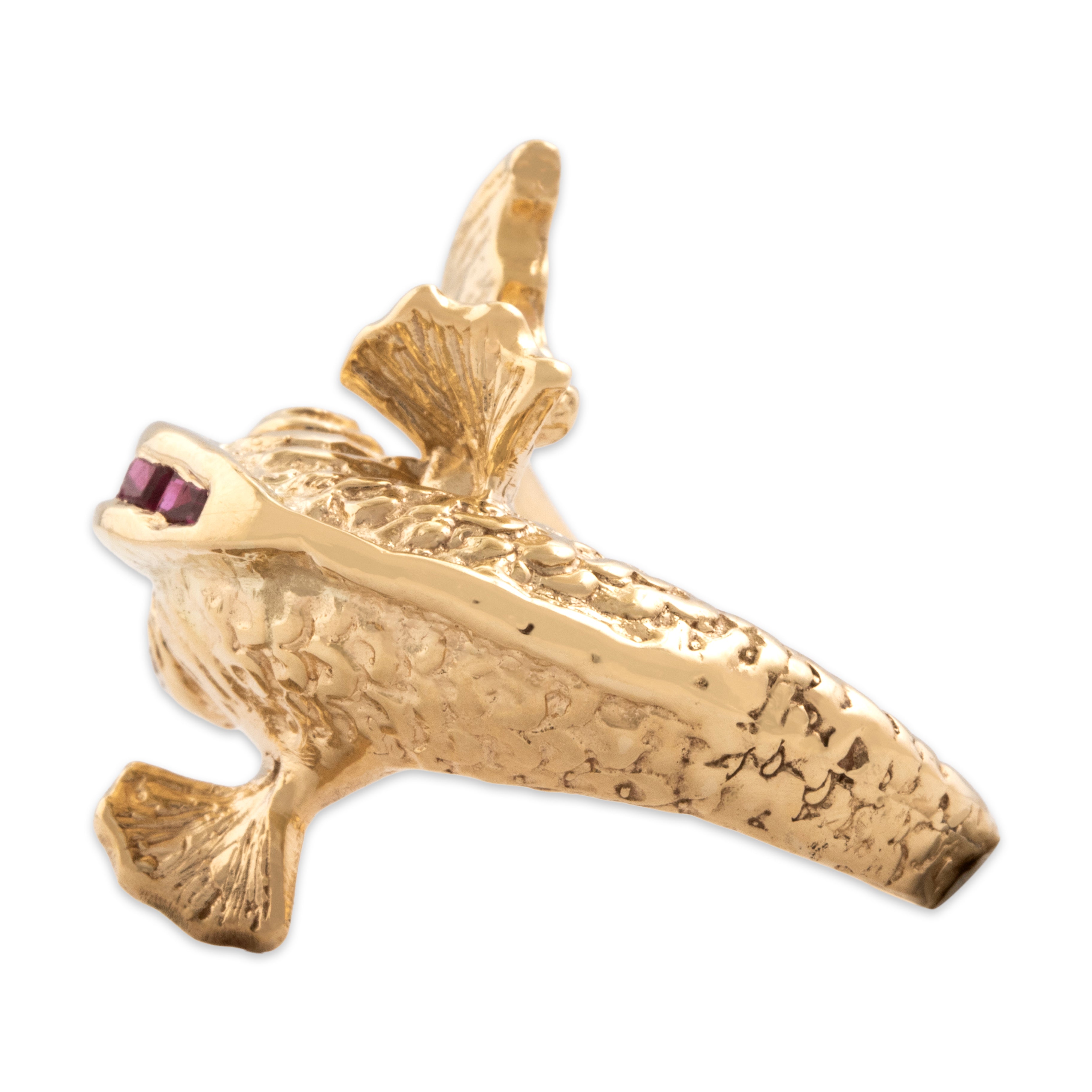 Vintage 14k Yellow Gold Ruby Diamond Gurgling Wrapping Fish Ring - Side view