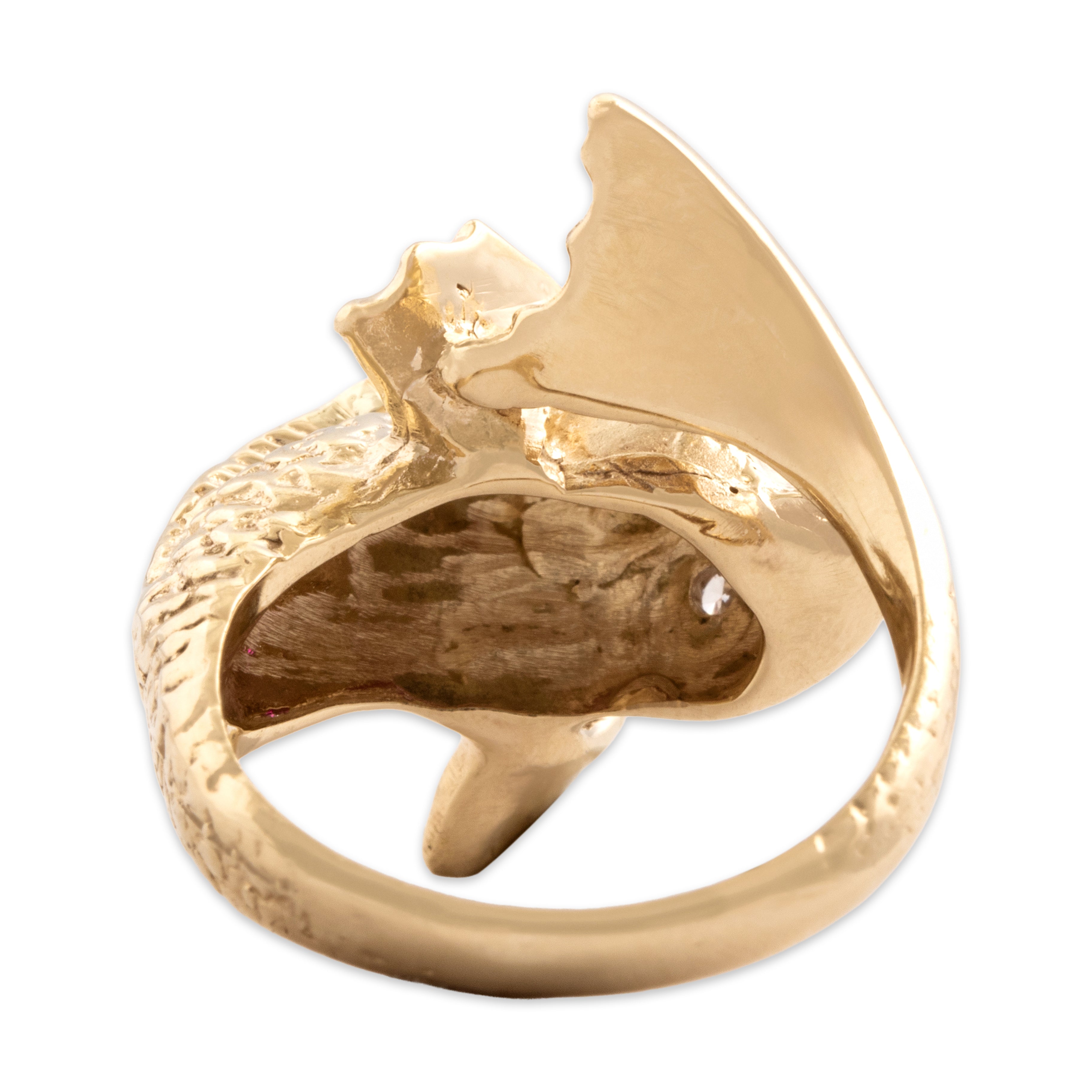 Vintage 14k Yellow Gold Ruby Diamond Gurgling Wrapping Fish Ring - Back view