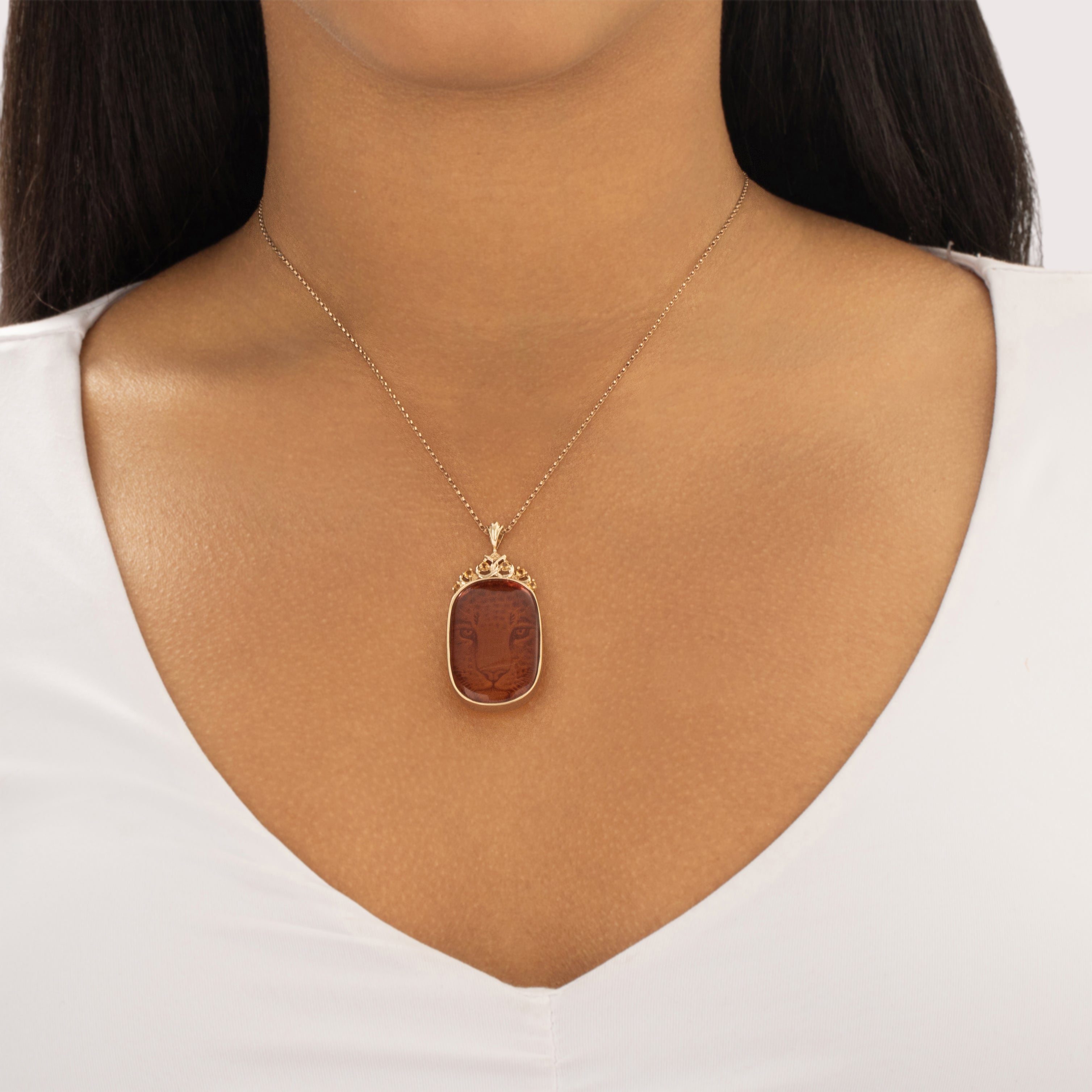 Vintage 10k Yellow Gold Amber Citrine Exotic Carved Tiger Pendant - On model view