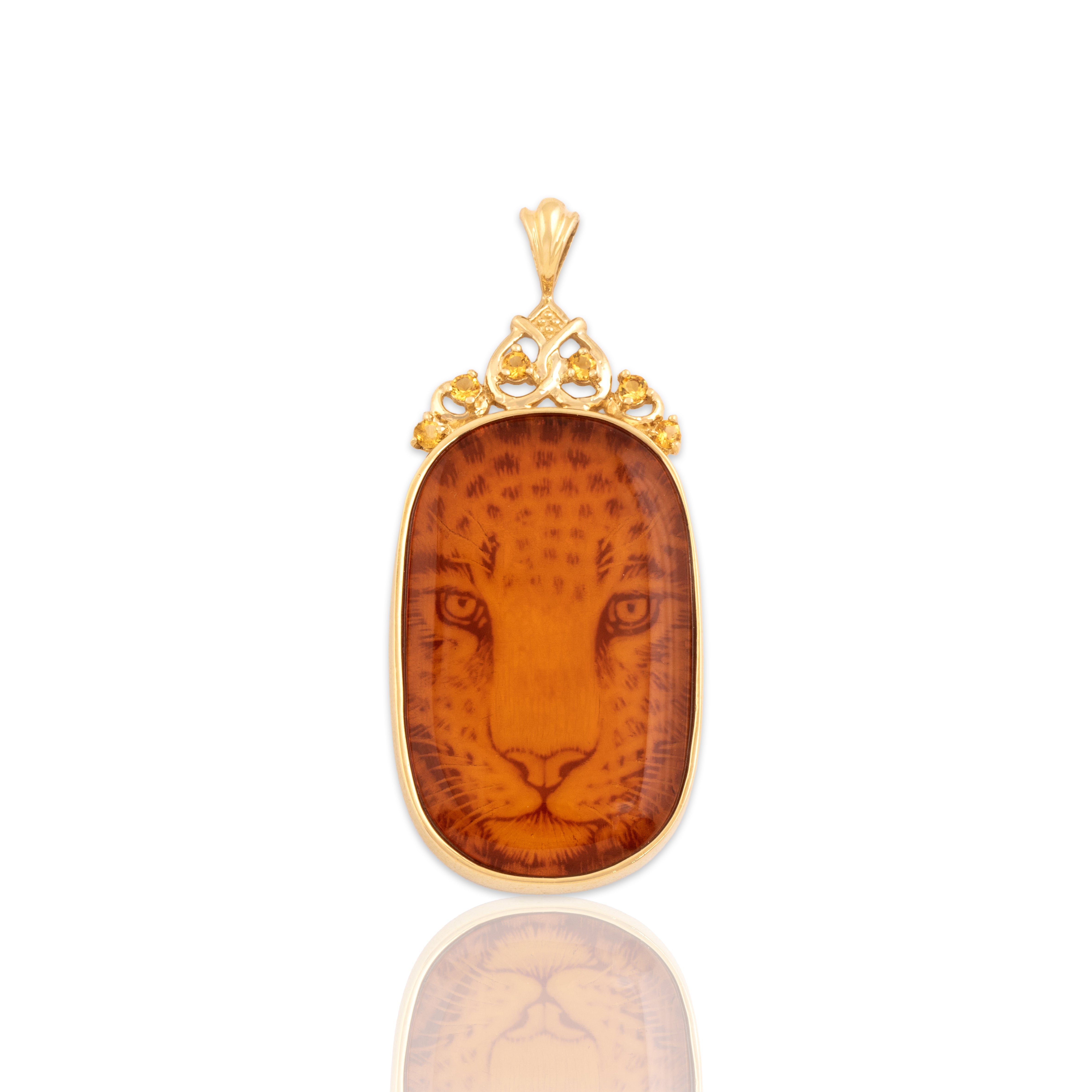 Vintage 10k Yellow Gold Amber Citrine Exotic Carved Tiger Pendant - Close-up view