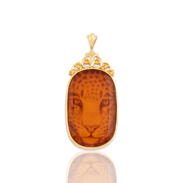 Vintage 10k Yellow Gold Amber Citrine Exotic Carved Tiger Pendant
