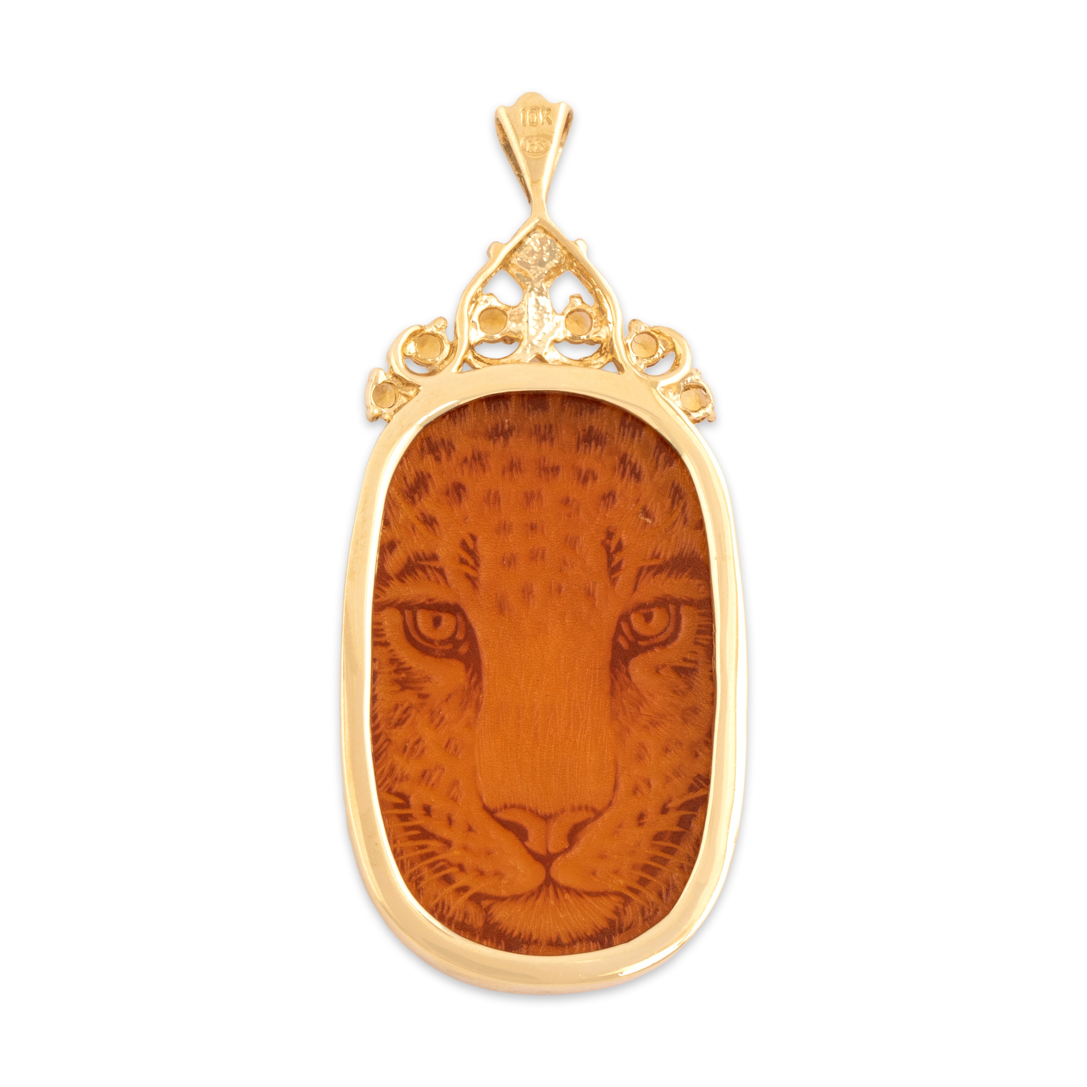 Vintage 10k Yellow Gold Amber Citrine Exotic Carved Tiger Pendant - Back view