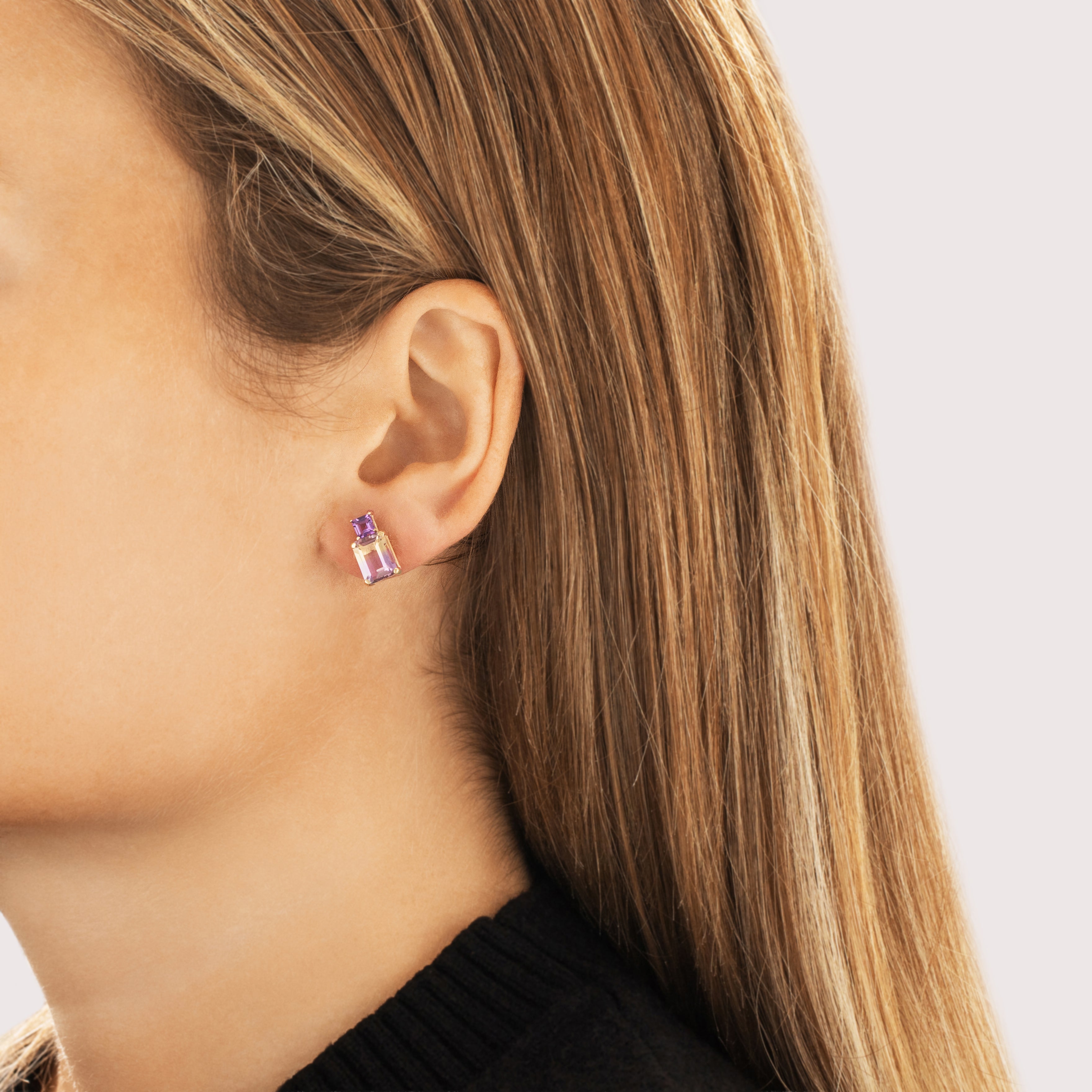 Vintage 14k Yellow Gold 3.78cttw Ametrine Amethyst Sleek Stacked Duo Stud Earrings - On model view