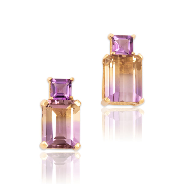 Vintage 14k Yellow Gold 3.78cttw Ametrine Amethyst Sleek Stacked Duo Stud Earrings