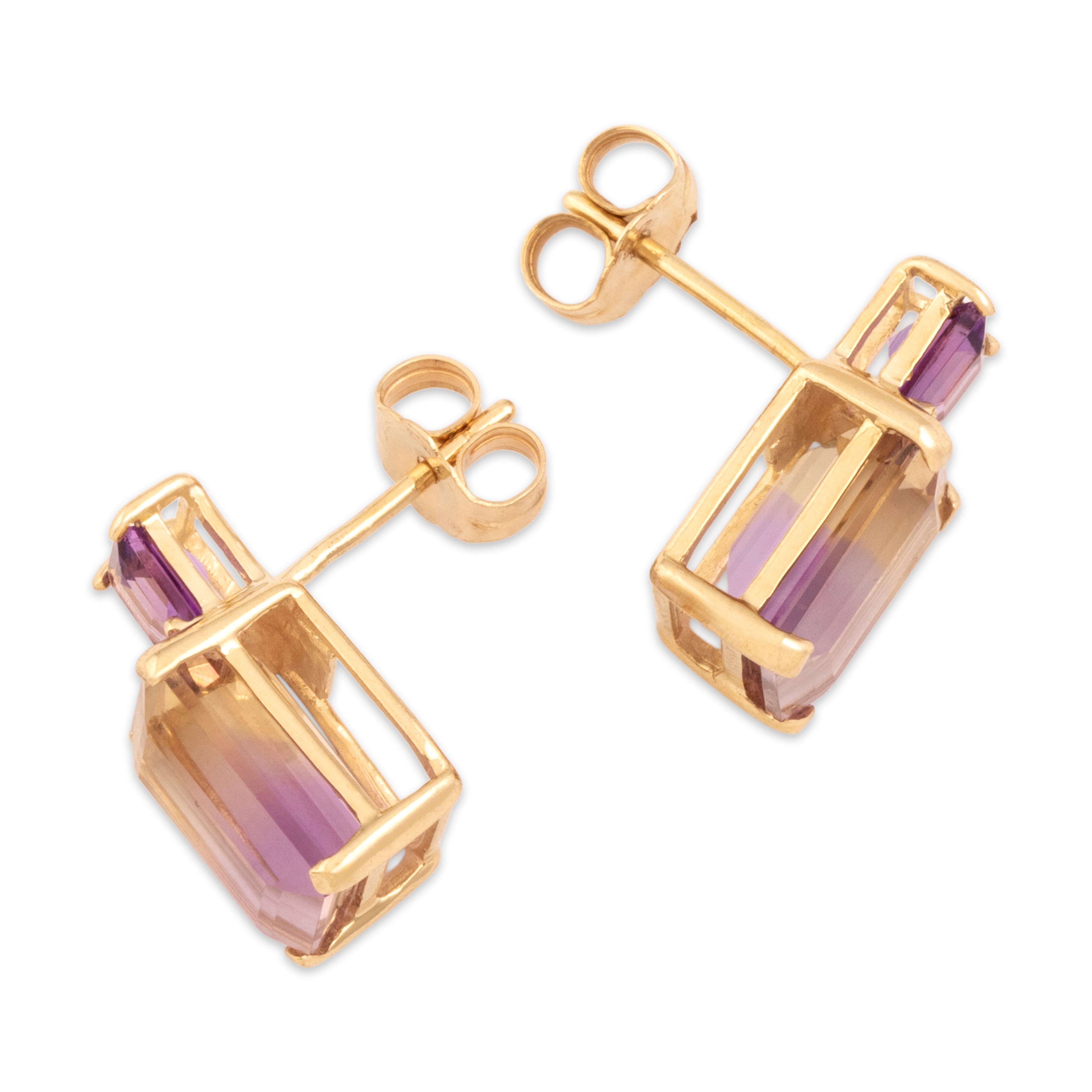 Vintage 14k Yellow Gold 3.78cttw Ametrine Amethyst Sleek Stacked Duo Stud Earrings - Side view