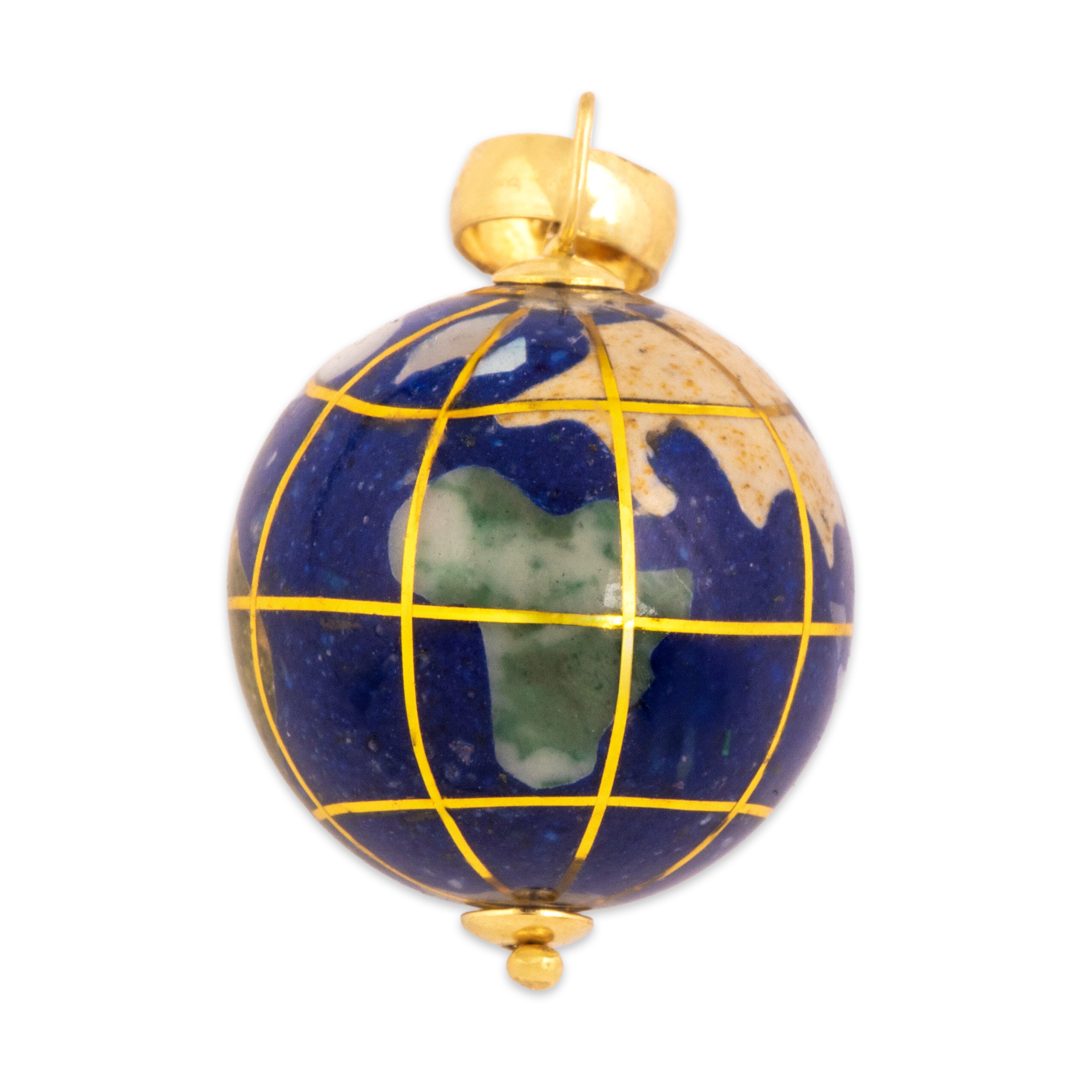 Vintage Michael Anthony 14k Yellow Gold Abalone Green Aventurine Tan Jasper Lapis Lazuli Mother Of Pearl Unakite Eclectic Intarsia Inlay Globe Charm / Pendant - Overall view