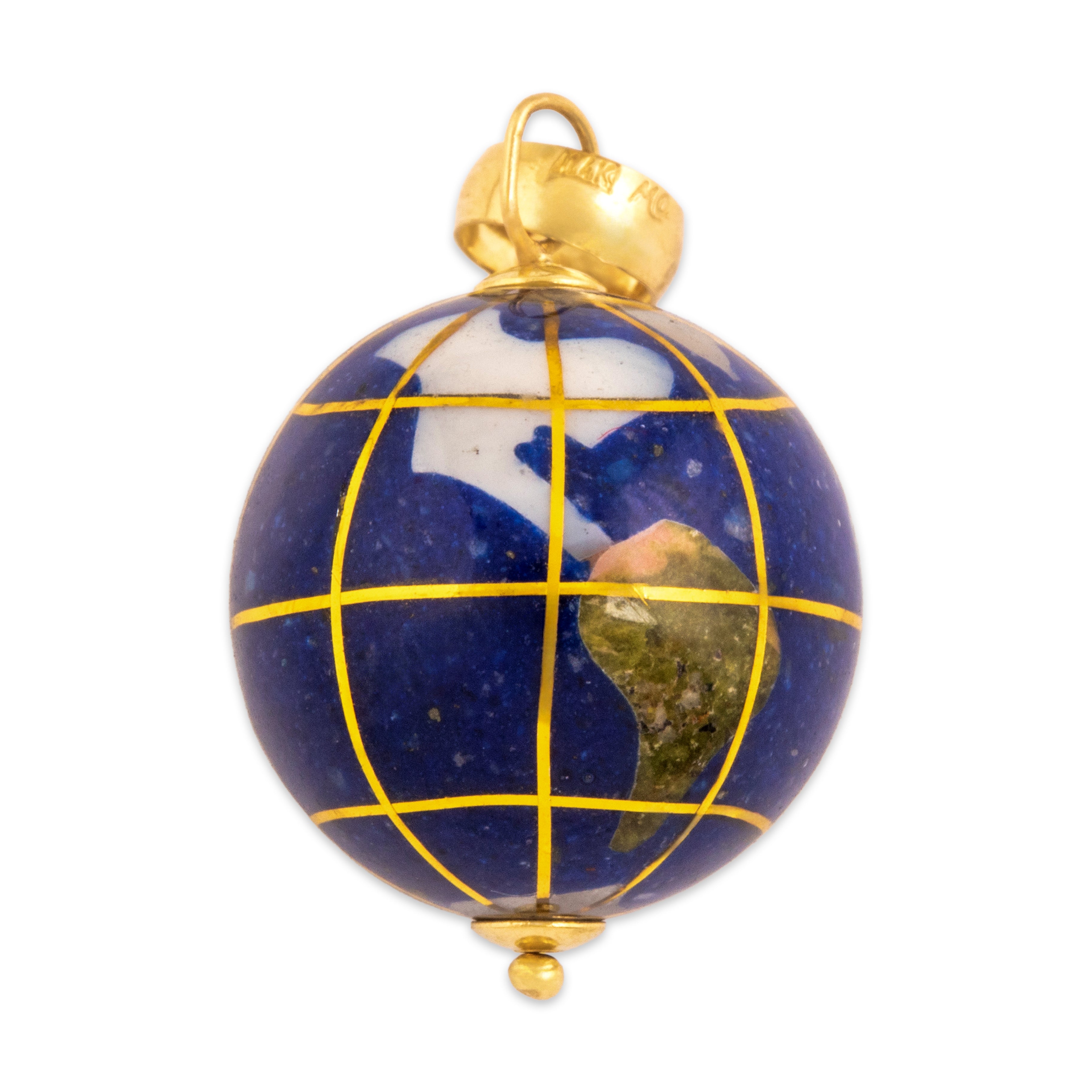 Vintage Michael Anthony 14k Yellow Gold Abalone Green Aventurine Tan Jasper Lapis Lazuli Mother Of Pearl Unakite Eclectic Intarsia Inlay Globe Charm / Pendant - detail view #1