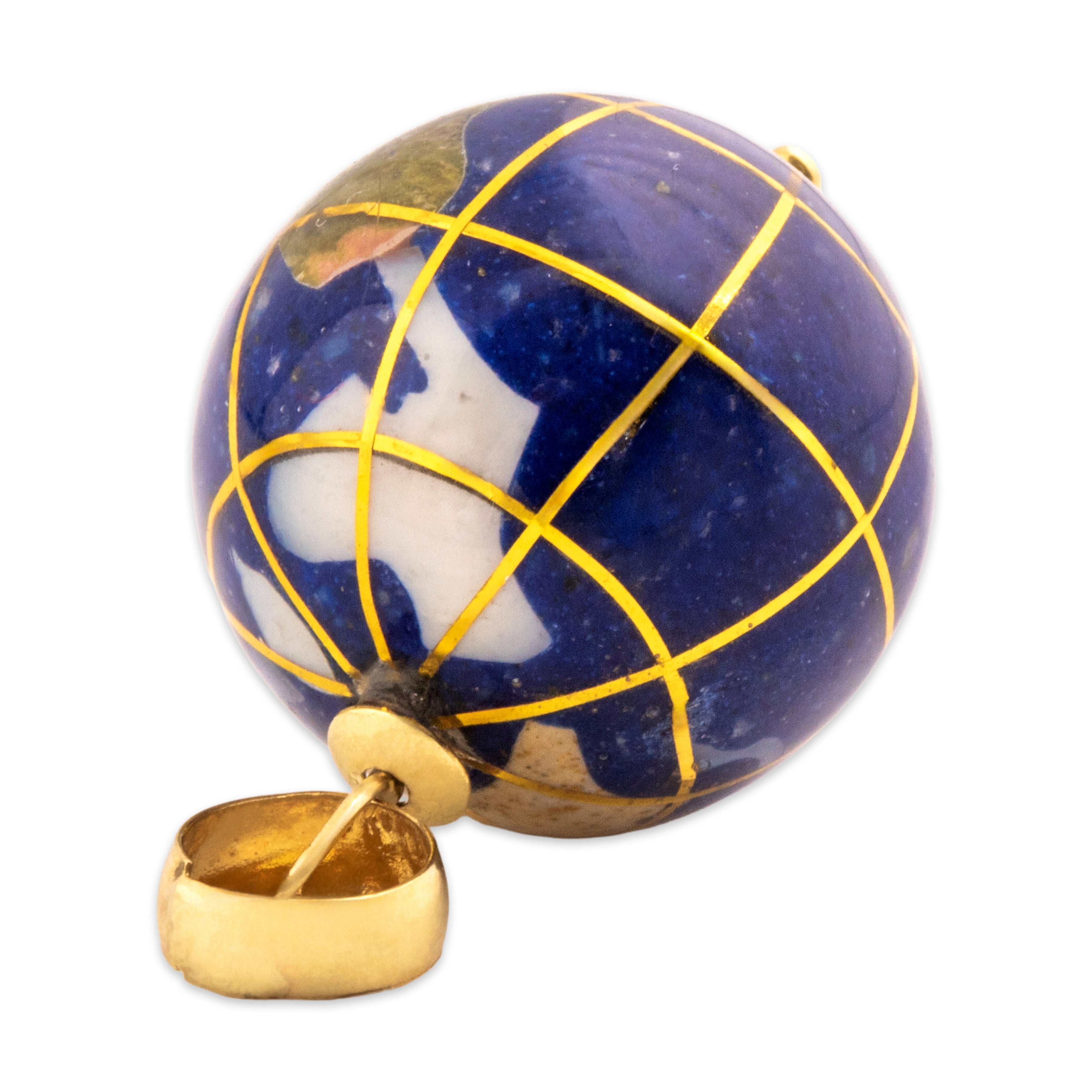 Vintage Michael Anthony 14k Yellow Gold Abalone Green Aventurine Tan Jasper Lapis Lazuli Mother Of Pearl Unakite Eclectic Intarsia Inlay Globe Charm / Pendant - detail view #3