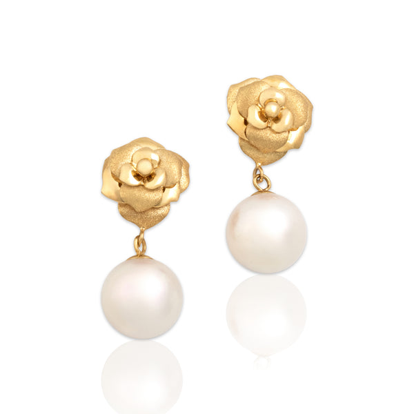 Vintage 18k Yellow Gold Pearl Dual Finish Dainty Rose Stud Dangle Earrings