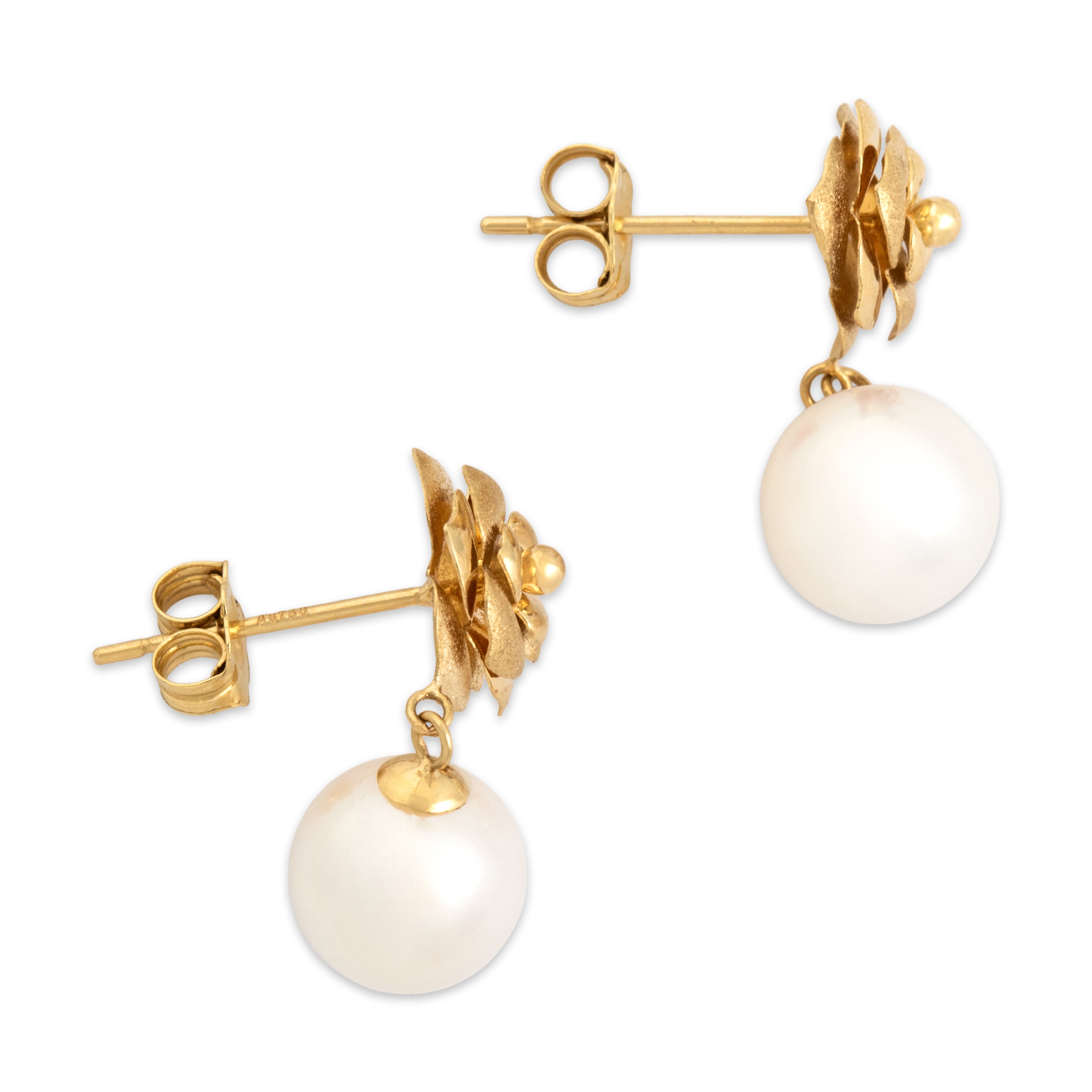 Vintage 18k Yellow Gold Pearl Dual Finish Dainty Rose Dangle Stud Dangle Earrings - Side view