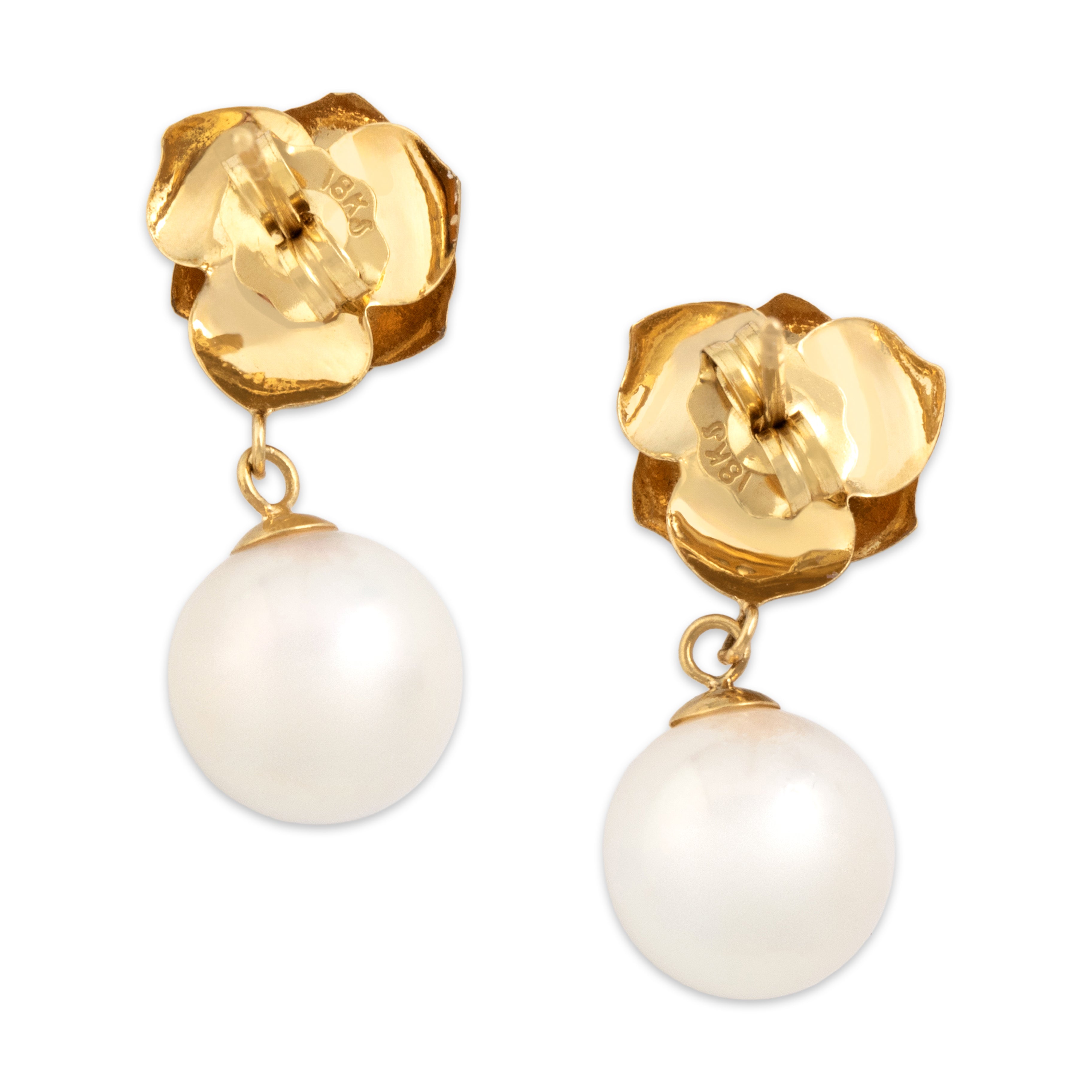 Vintage 18k Yellow Gold Pearl Dual Finish Dainty Rose Dangle Stud Dangle Earrings - Back view