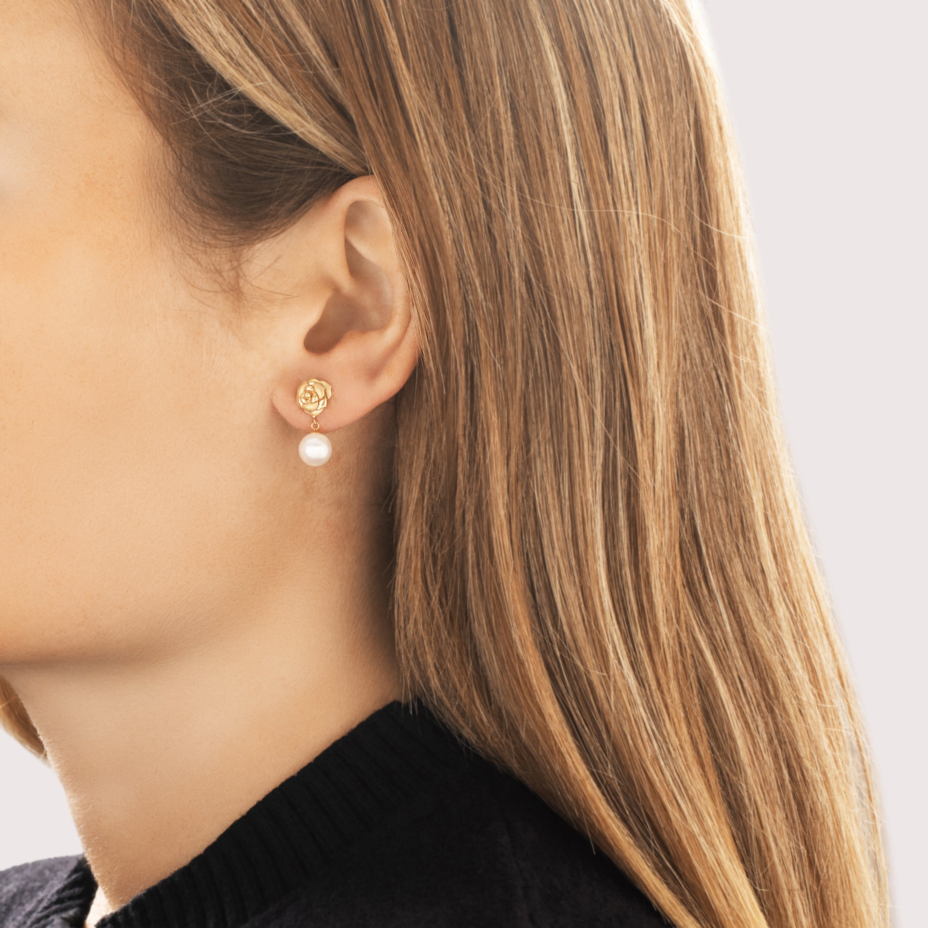 Vintage 18k Yellow Gold Pearl Dual Finish Dainty Rose Dangle Stud Dangle Earrings - On model view