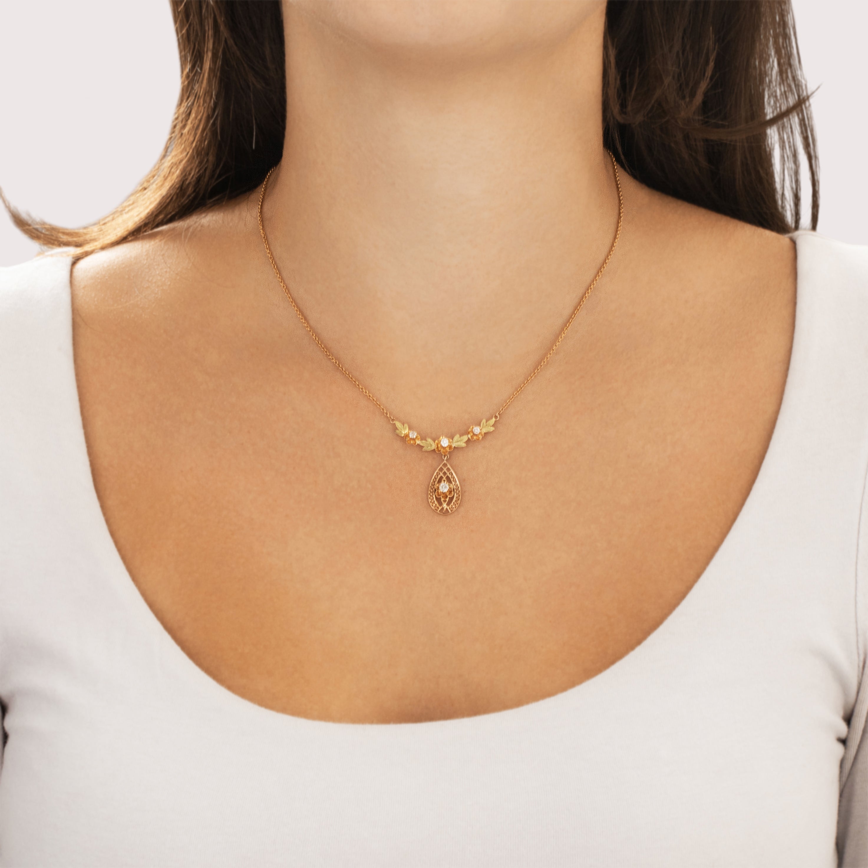 Antique Edwardian 10k Rosy Yellow & Green Gold Old European Old Mine Cut Diamond Stunning Textured Buttercup Lavalier Teardrop Necklace - On model view