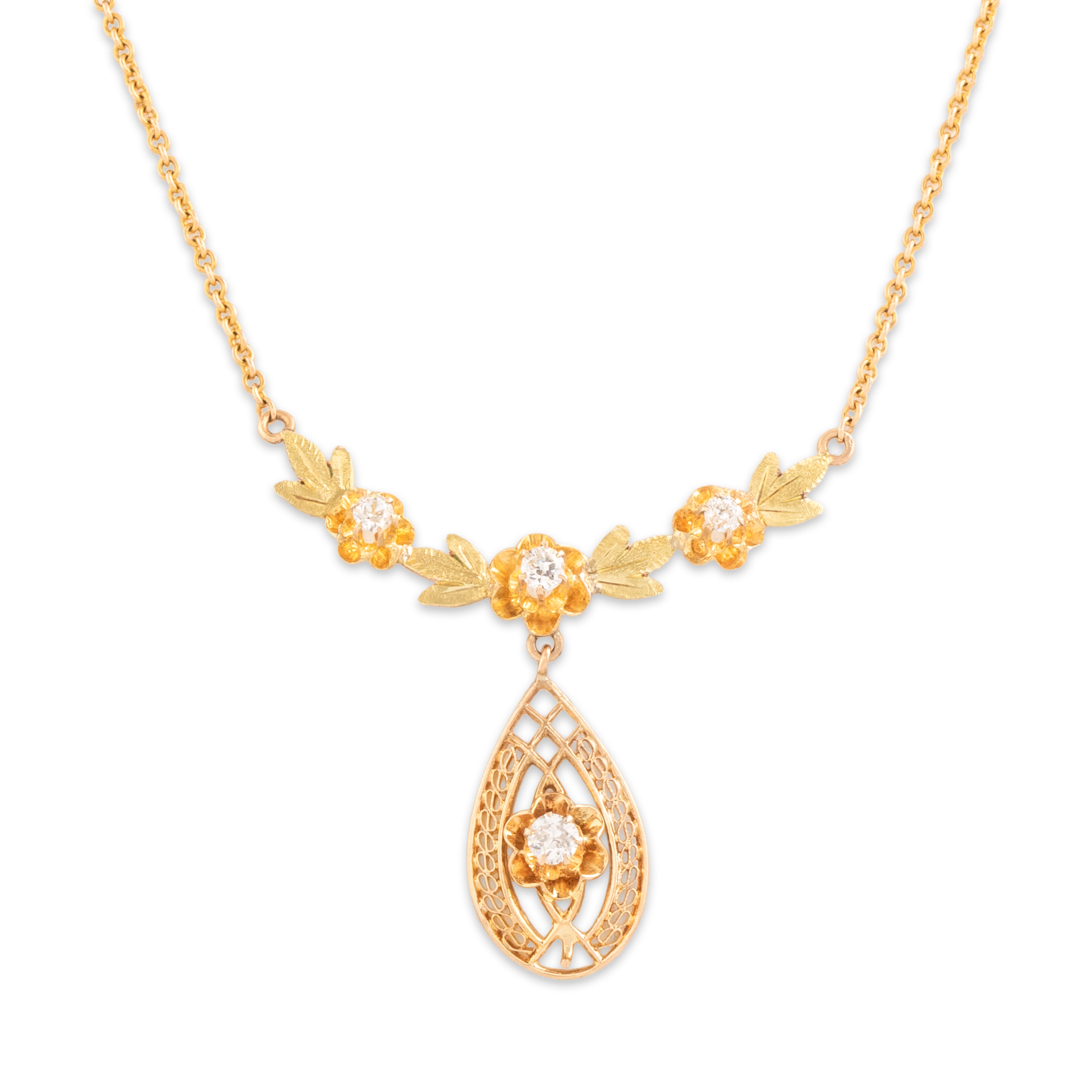 Antique Edwardian 10k Rosy Yellow & Green Gold Old European Old Mine Cut Diamond Stunning Textured Buttercup Lavalier Teardrop Necklace - detail view #1