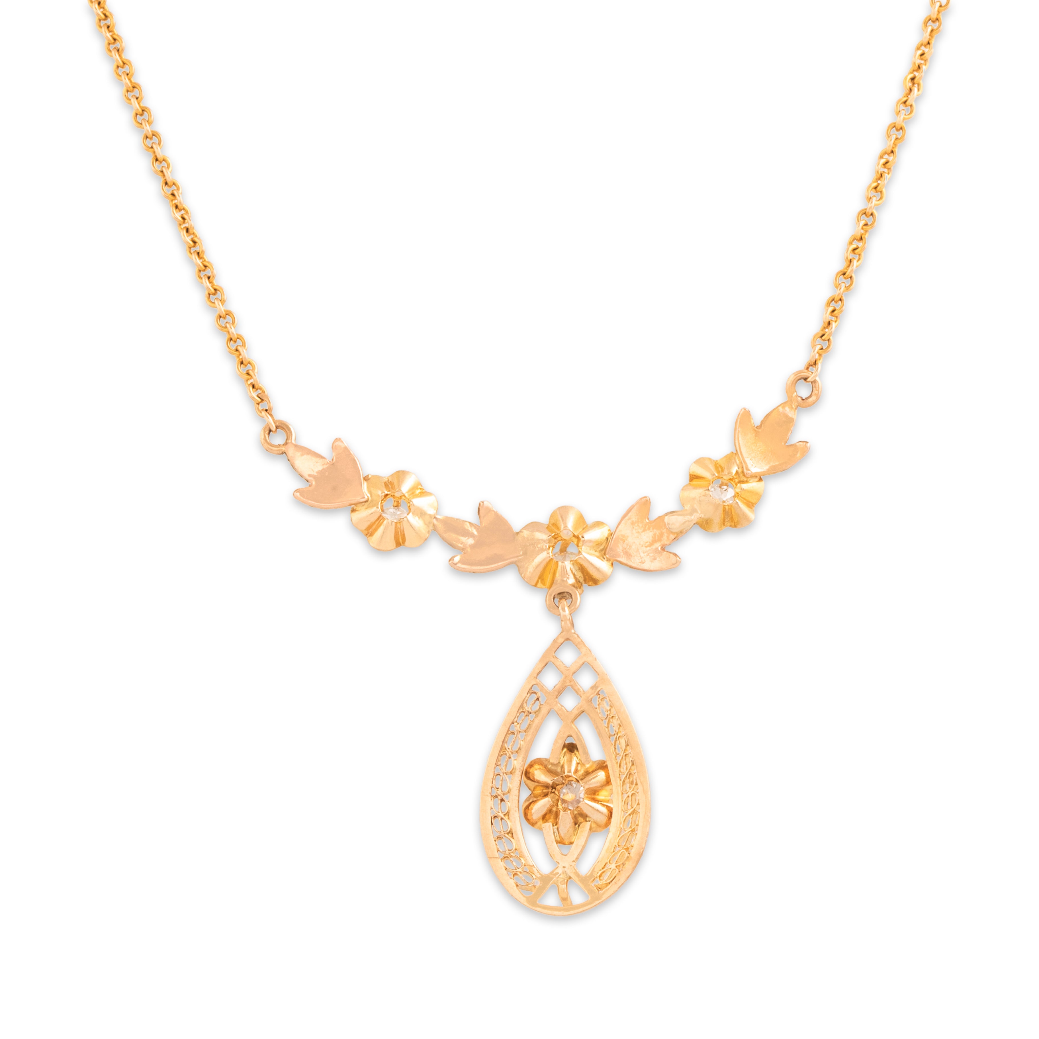 Antique Edwardian 10k Rosy Yellow & Green Gold Old European Old Mine Cut Diamond Stunning Textured Buttercup Lavalier Teardrop Necklace - Back view