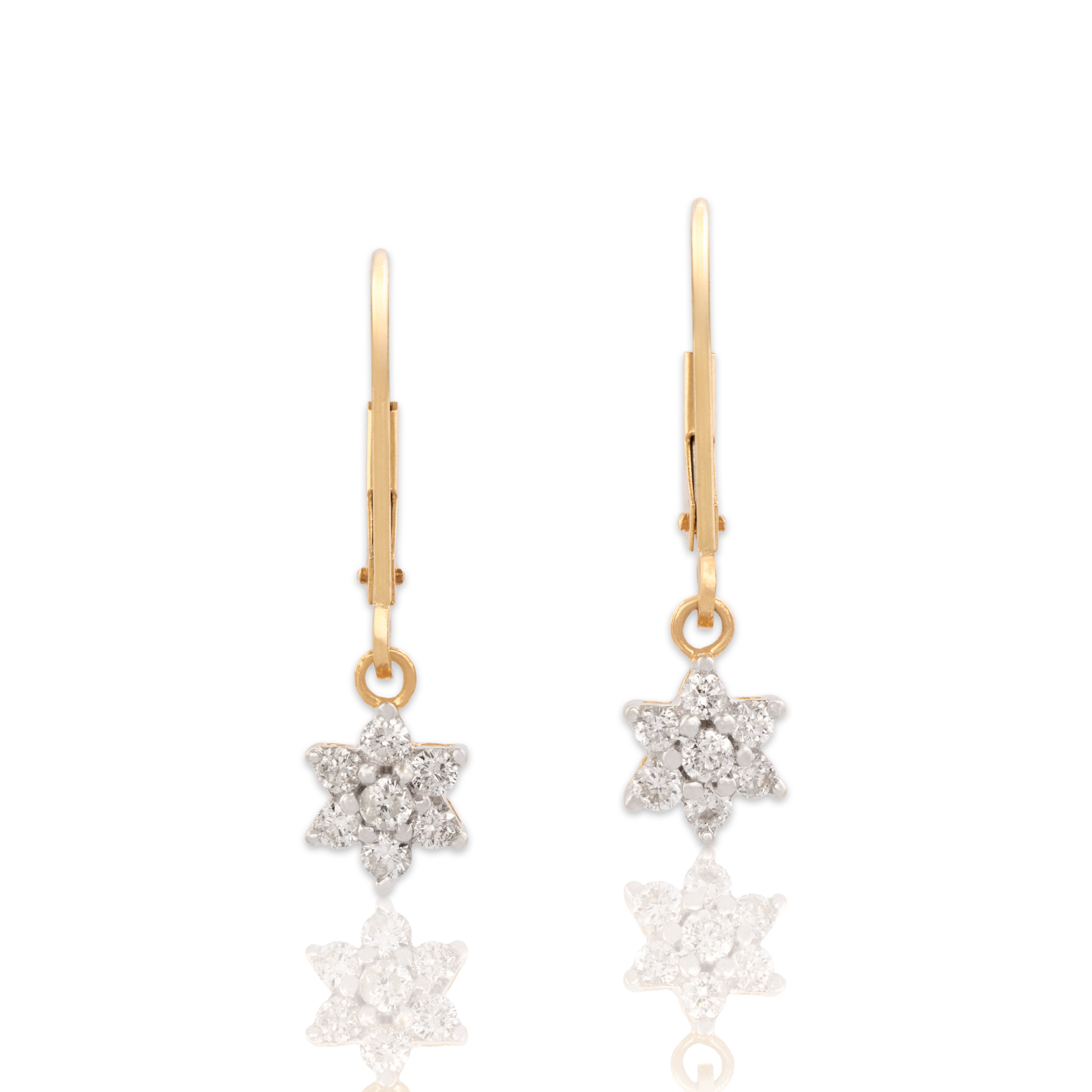 Vintage 14k Yellow Gold Diamond Sparkling Flower Burst Dangle Earrings