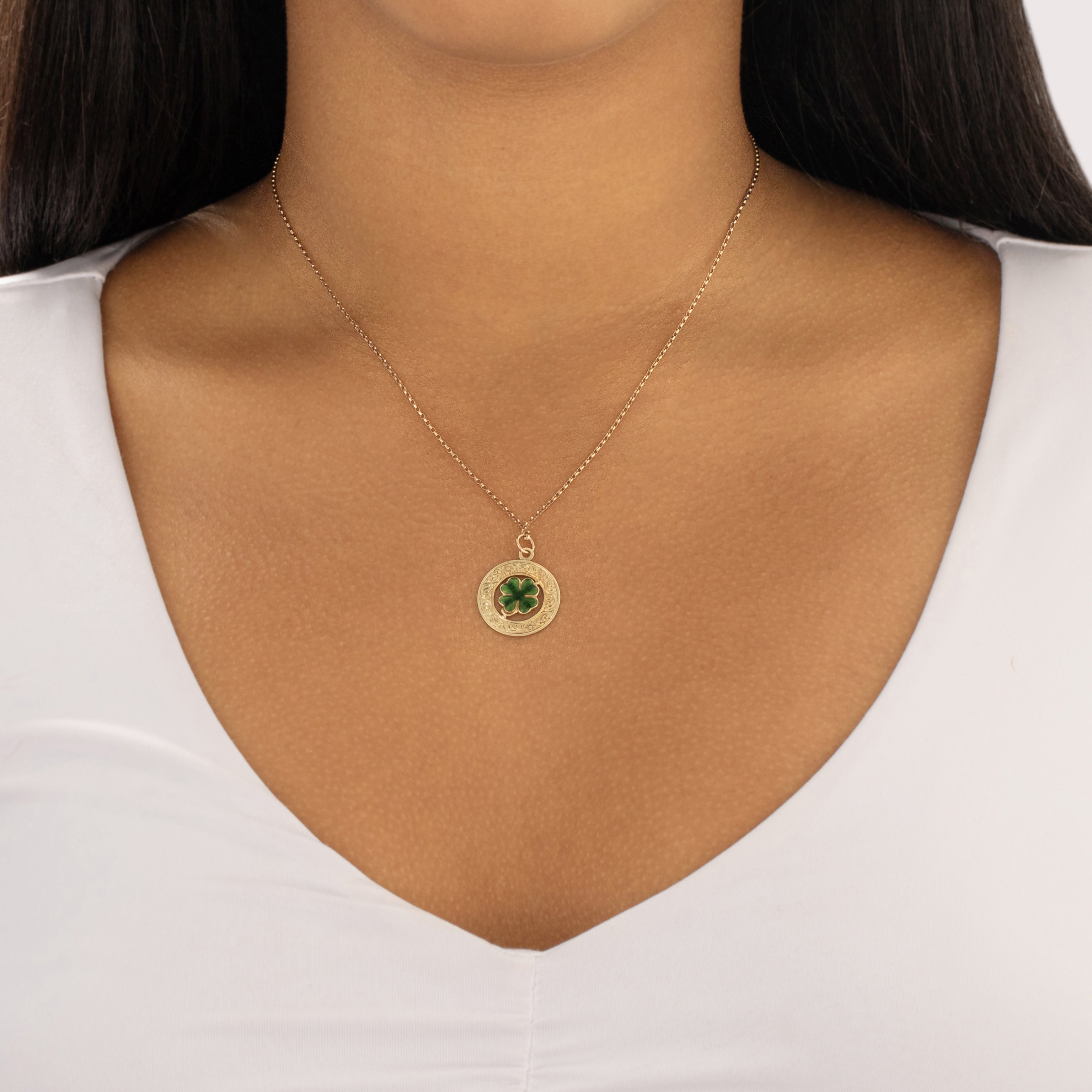 Vintage 14k Yellow Gold Lucky Enamel Shamrock Charm / Pendant - On model view