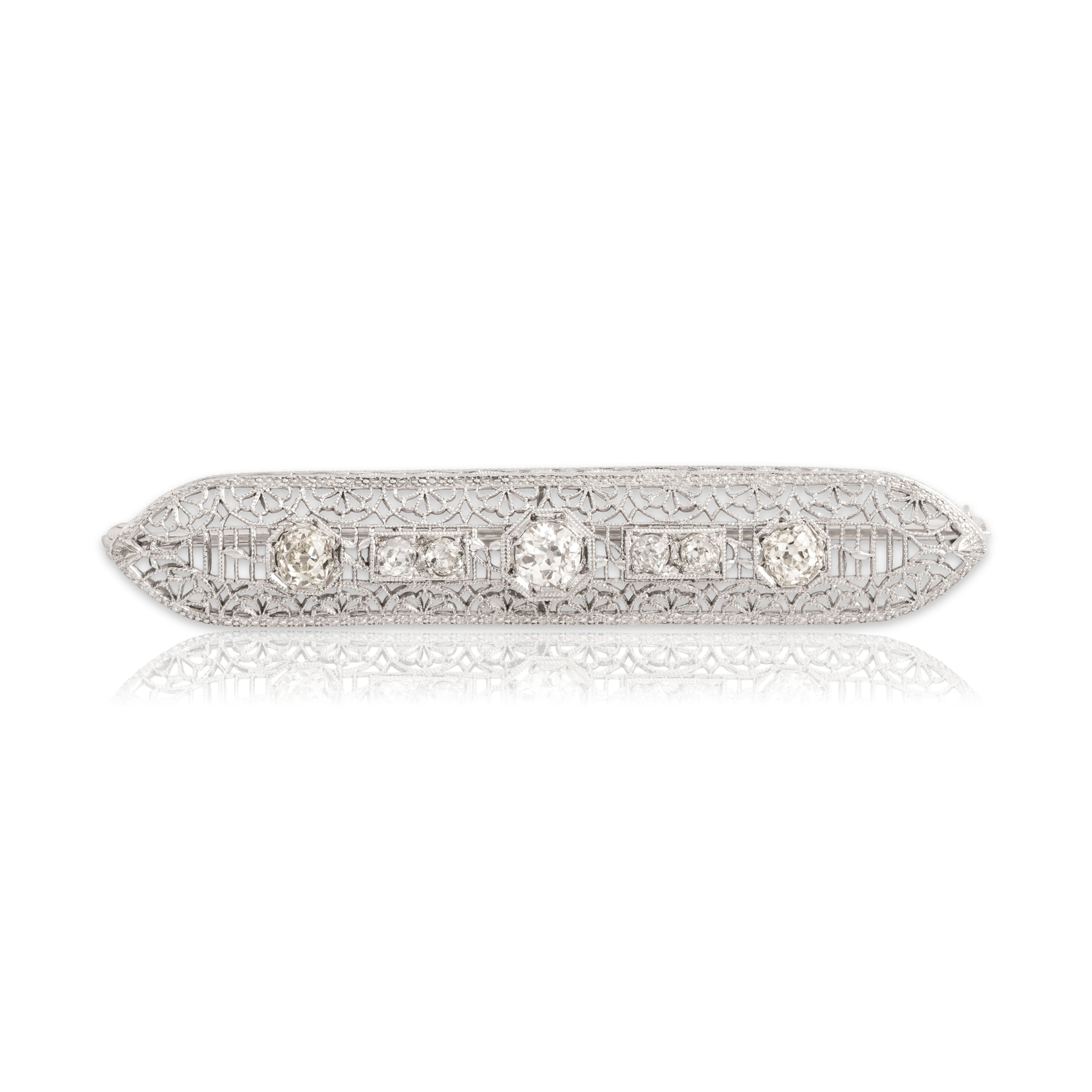 Antique Art Deco Platinum & 14k White Gold 1.1cttw Old Mine Diamond Brooch / Pin