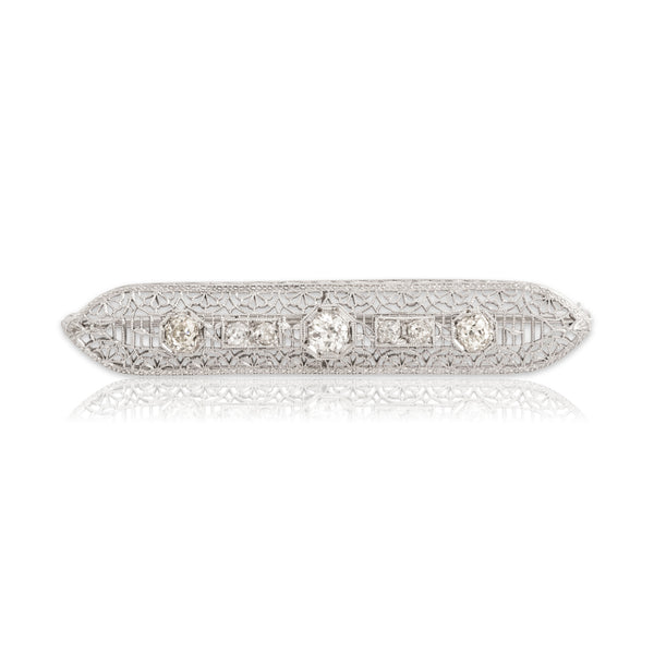 Antique Art Deco Platinum & 14k White Gold 1.1cttw Old Mine Diamond Brooch / Pin