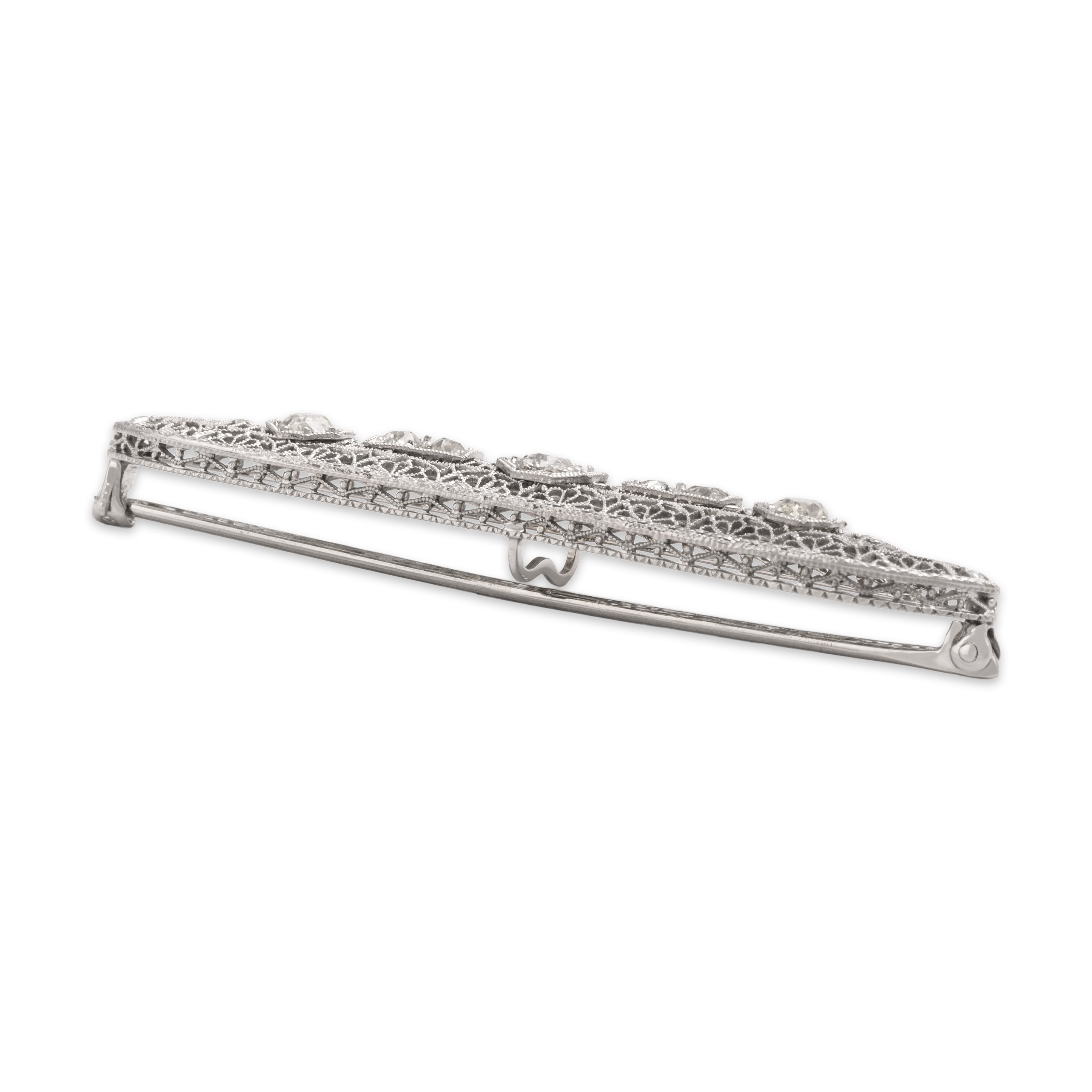 Antique Art Deco Platinum & 14k White Gold 1.1cttw Old Mine Cut Diamond Stunning Openwork Milgrain Bar Brooch / Pin - Side view