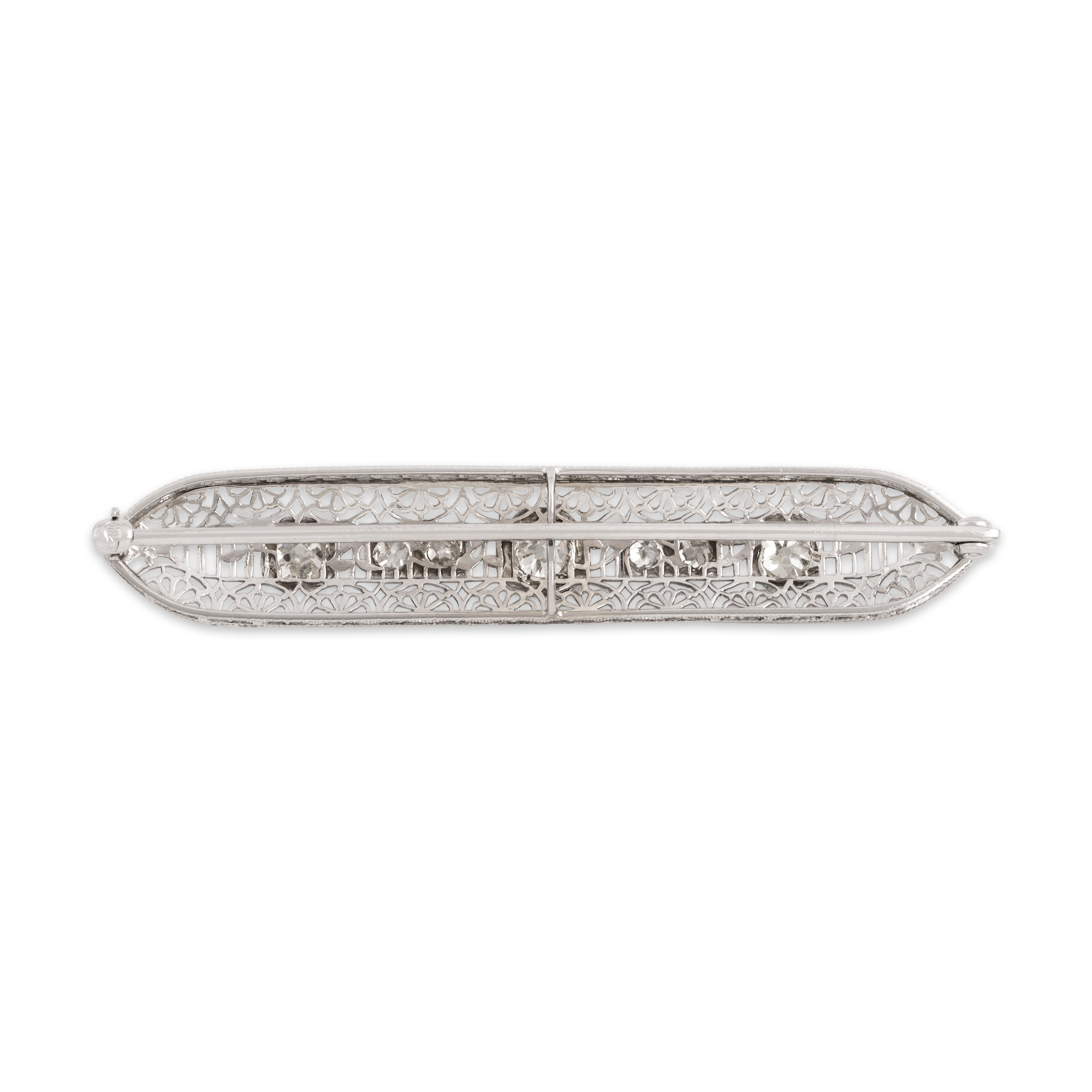 Antique Art Deco Platinum & 14k White Gold 1.1cttw Old Mine Cut Diamond Stunning Openwork Milgrain Bar Brooch / Pin - Back view