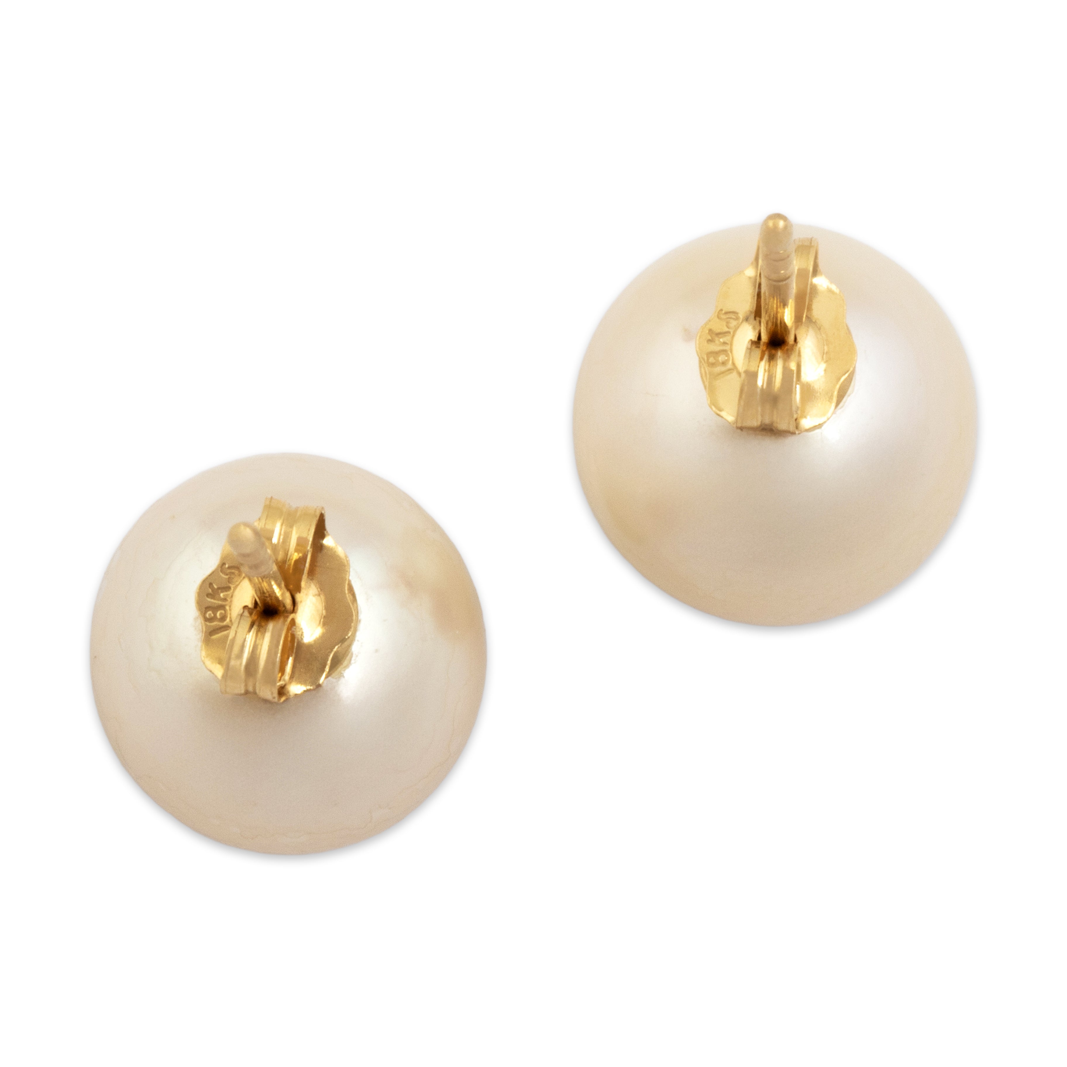 Vintage 18k Yellow Gold Pearl Classic Luminous Stud Earrings - Back view