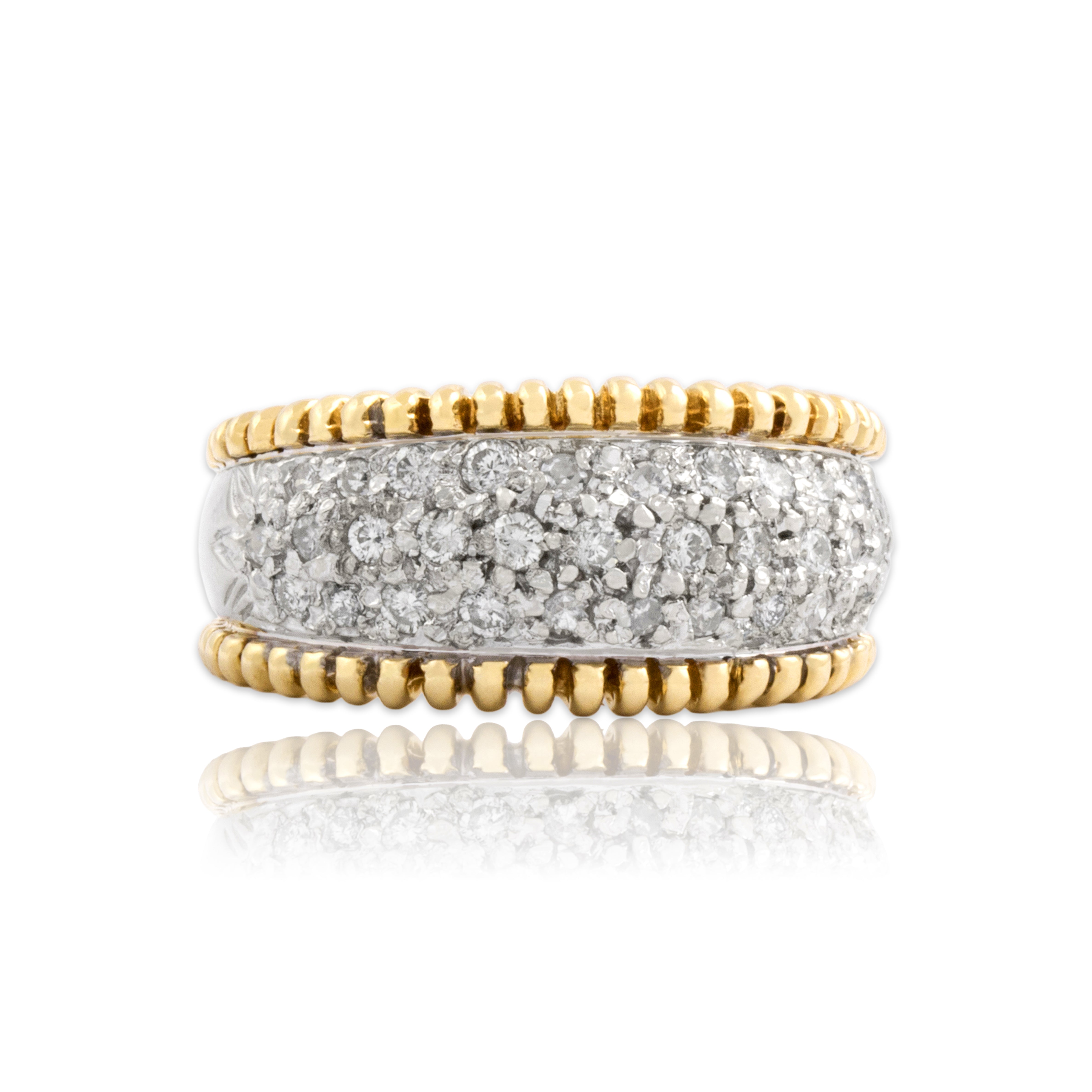 Vintage 14k Yellow & White Gold Diamond Ribbed Pavé Dome Band Ring 6.00