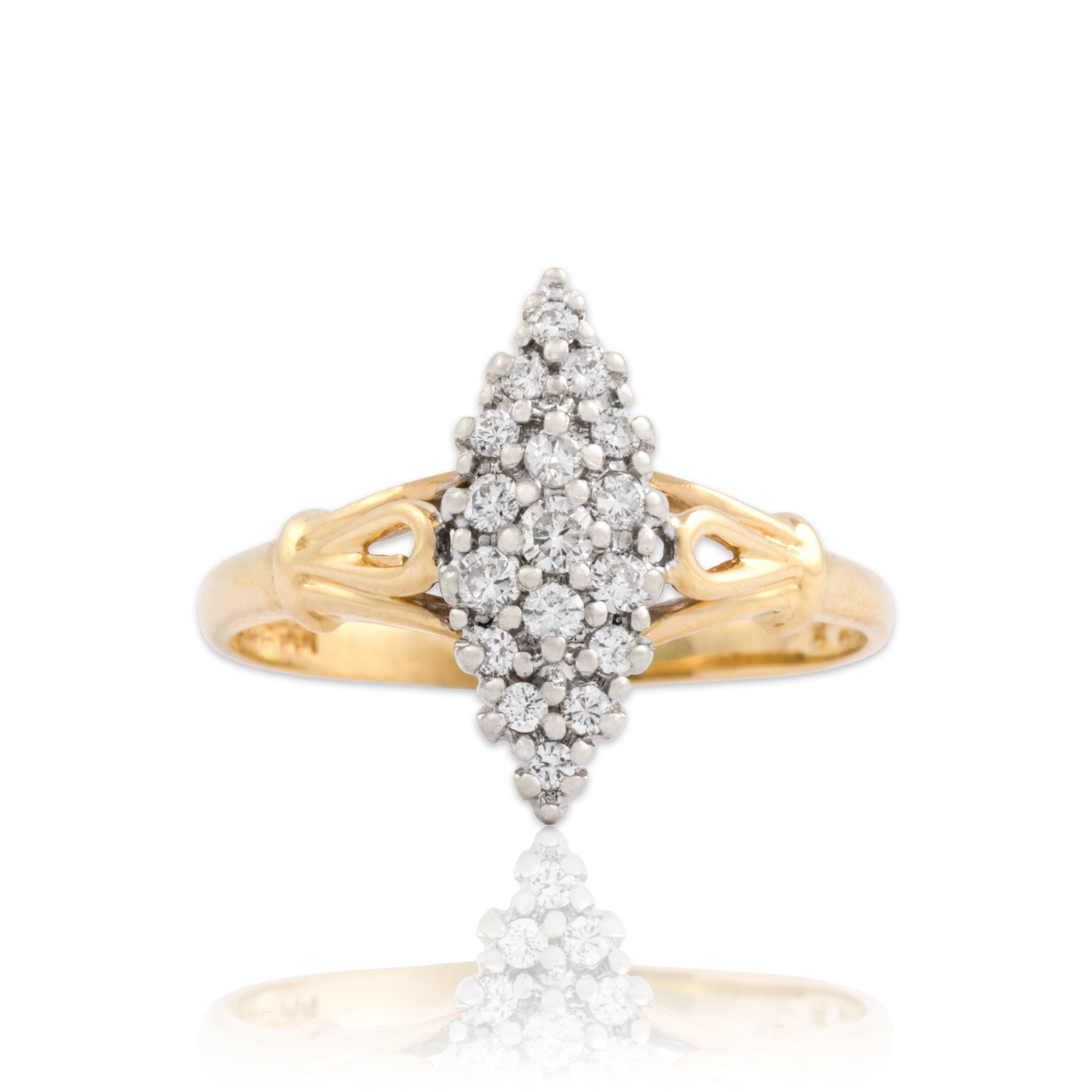 Vintage 14k Yellow & White Gold Diamond Sparkling Navette Cluster Open Shoulder Ring - Close-up view