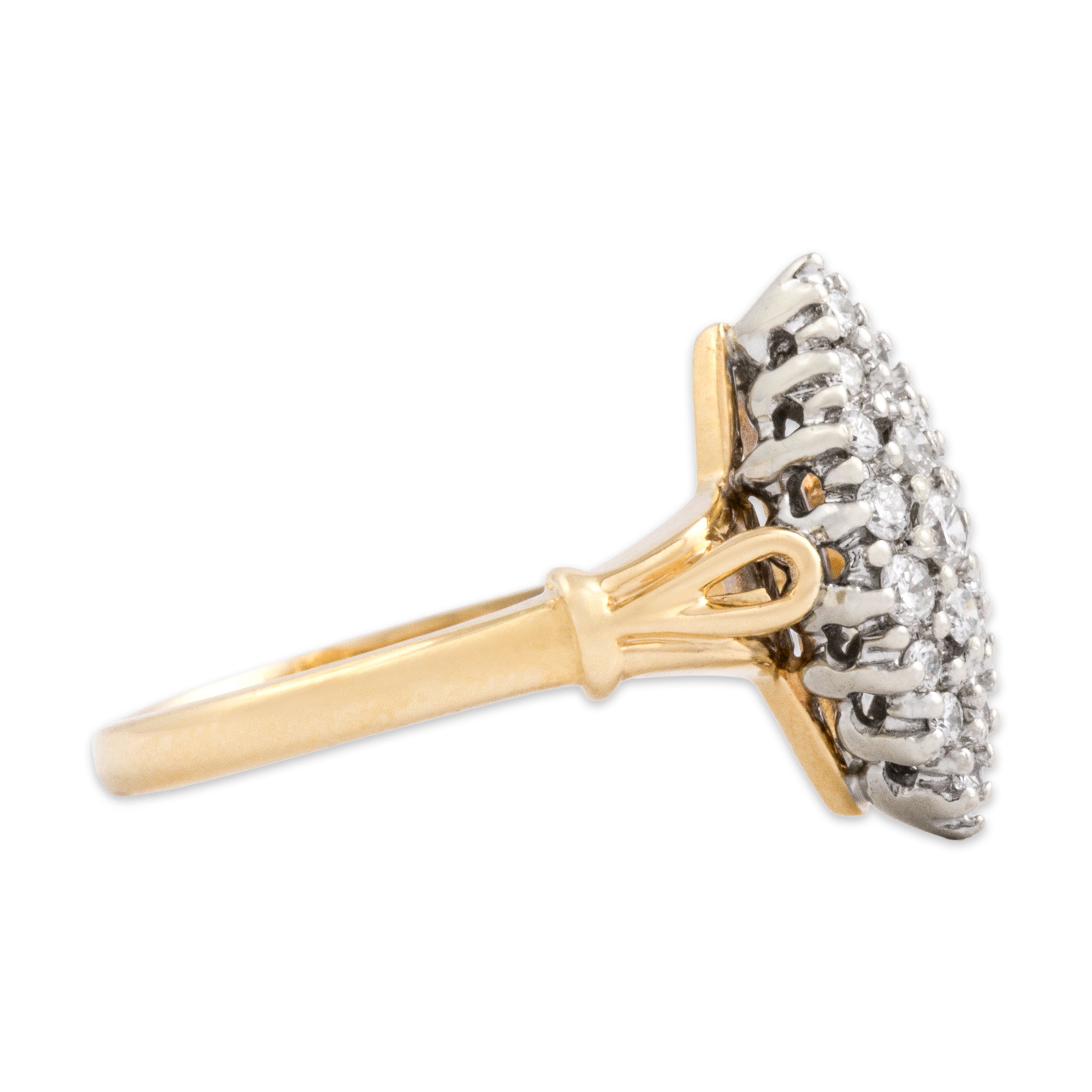 Vintage 14k Yellow & White Gold Diamond Sparkling Navette Cluster Open Shoulder Ring - Side view