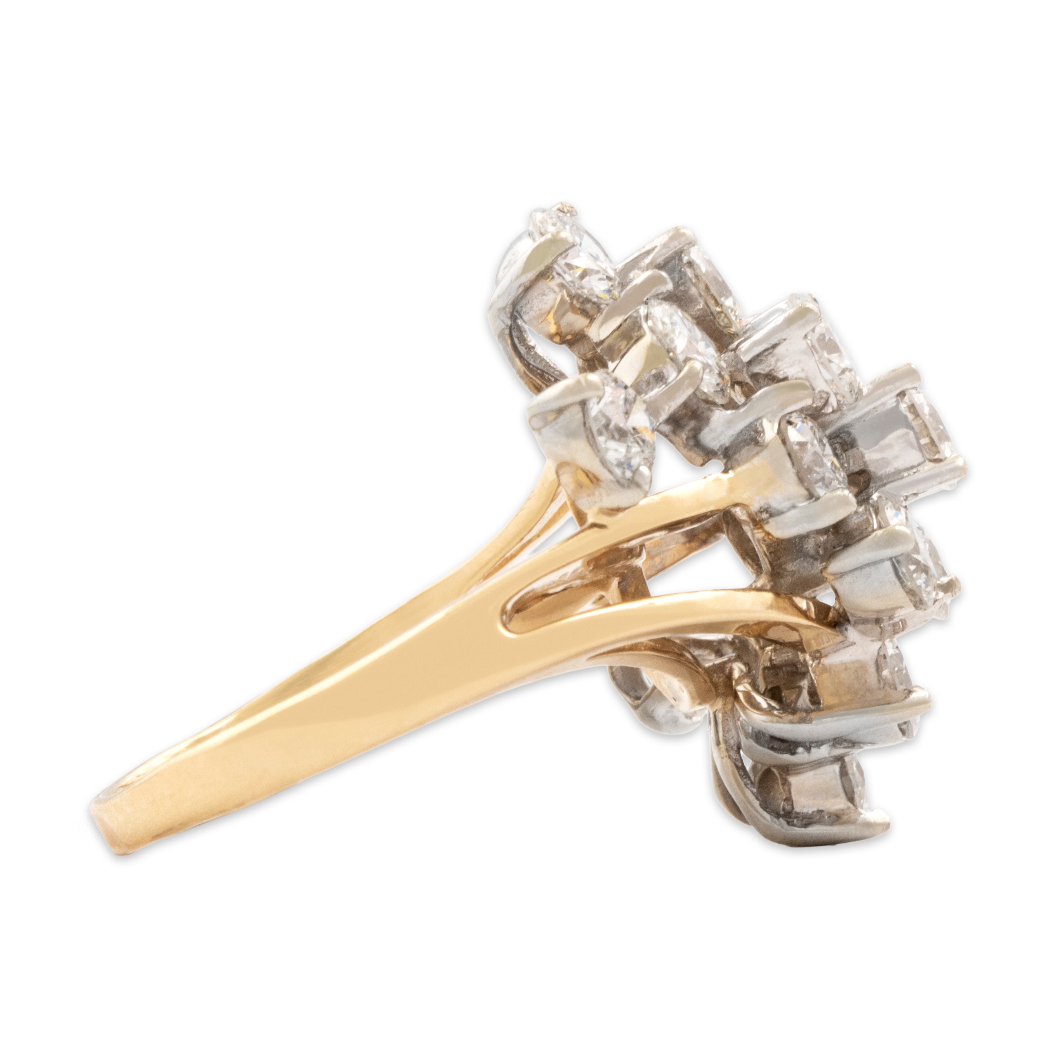 Vintage 14k Yellow & White Gold 4.29cttw Diamond Brilliant Waterfall Cocktail Open Shoulder Ring - Side view