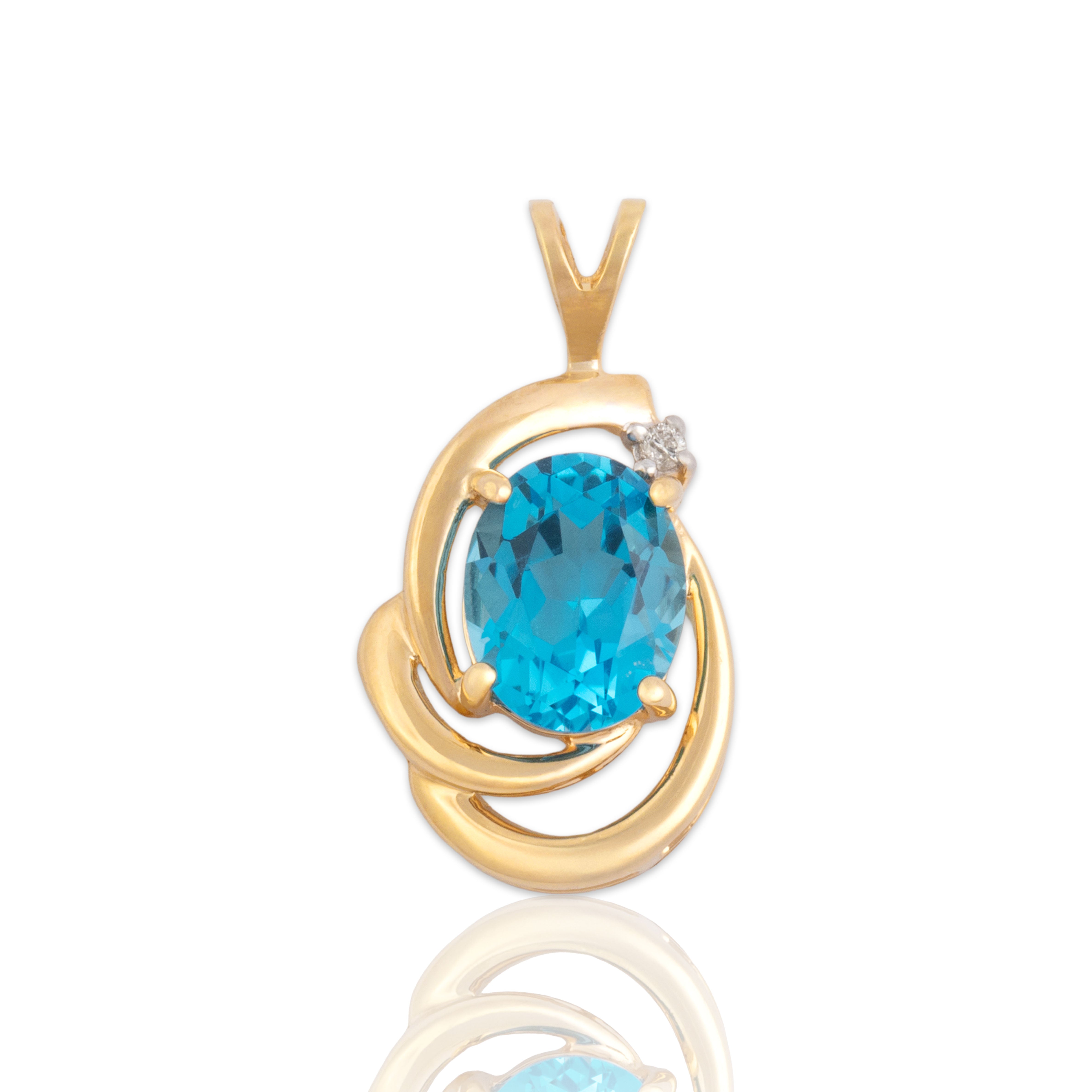 Vintage 14k Yellow Gold 2.21ct Blue Topaz Diamond Swirling Accented Oval Pendant