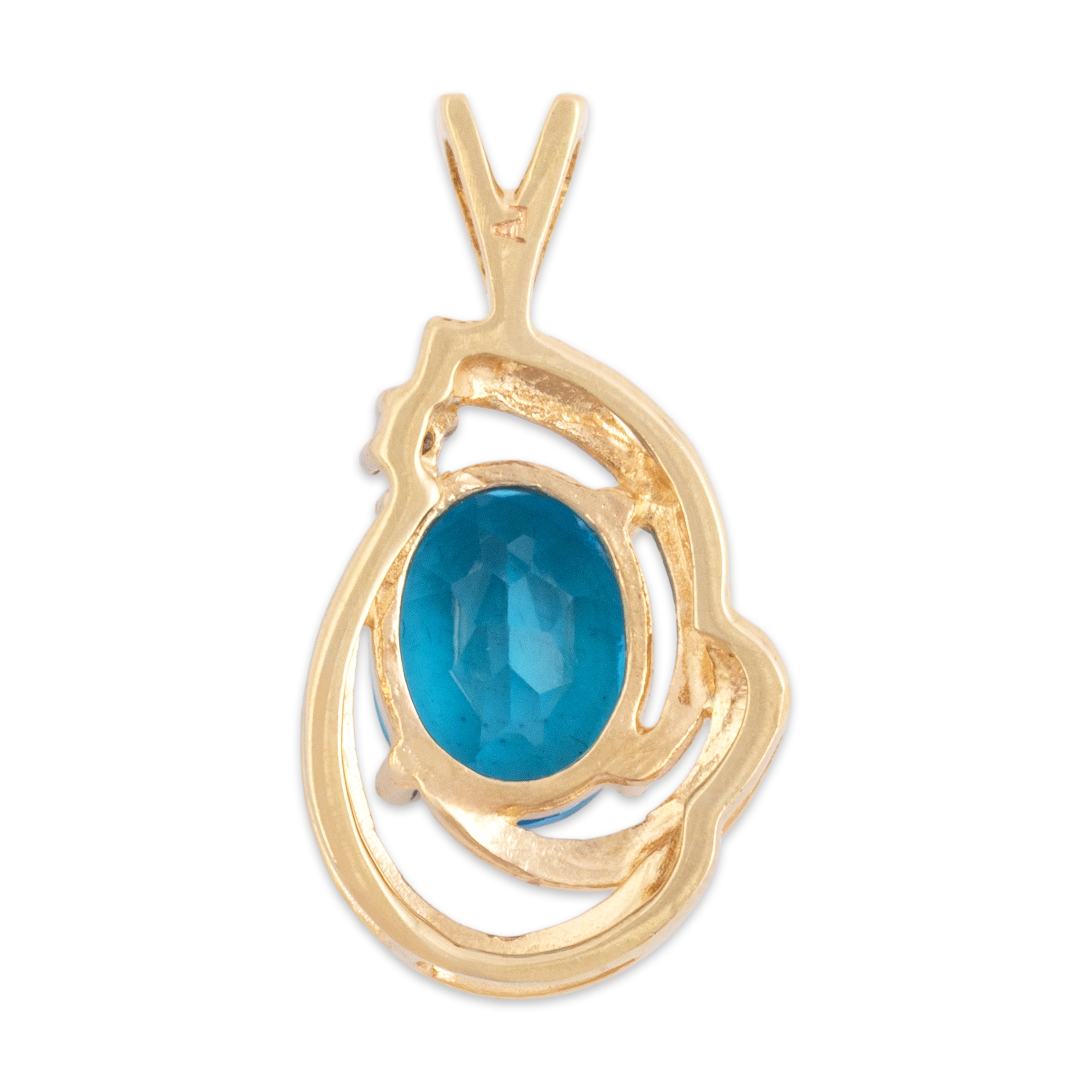Vintage 14k Yellow Gold 2.21ct Blue Topaz Diamond Swirling Accented Oval Pool Pendant - Back view