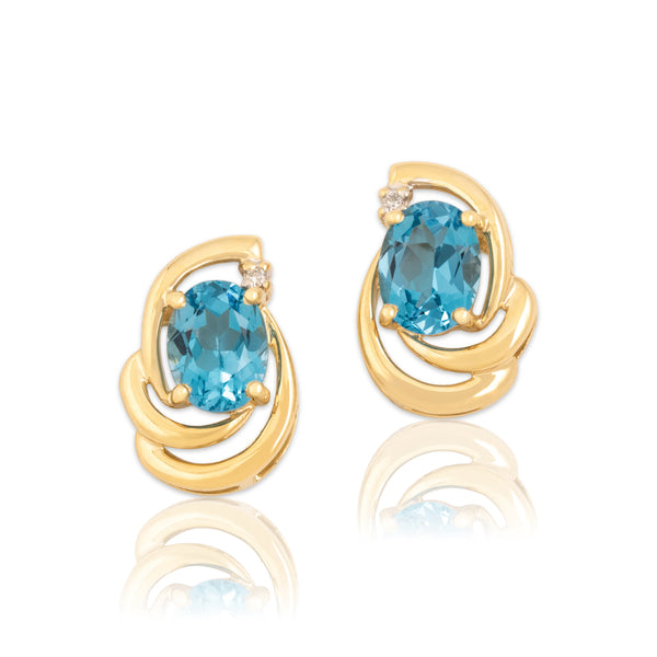 Vintage 14k Yellow Gold 2.82cttw Blue Topaz Diamond Swooping Oval Stud Earrings