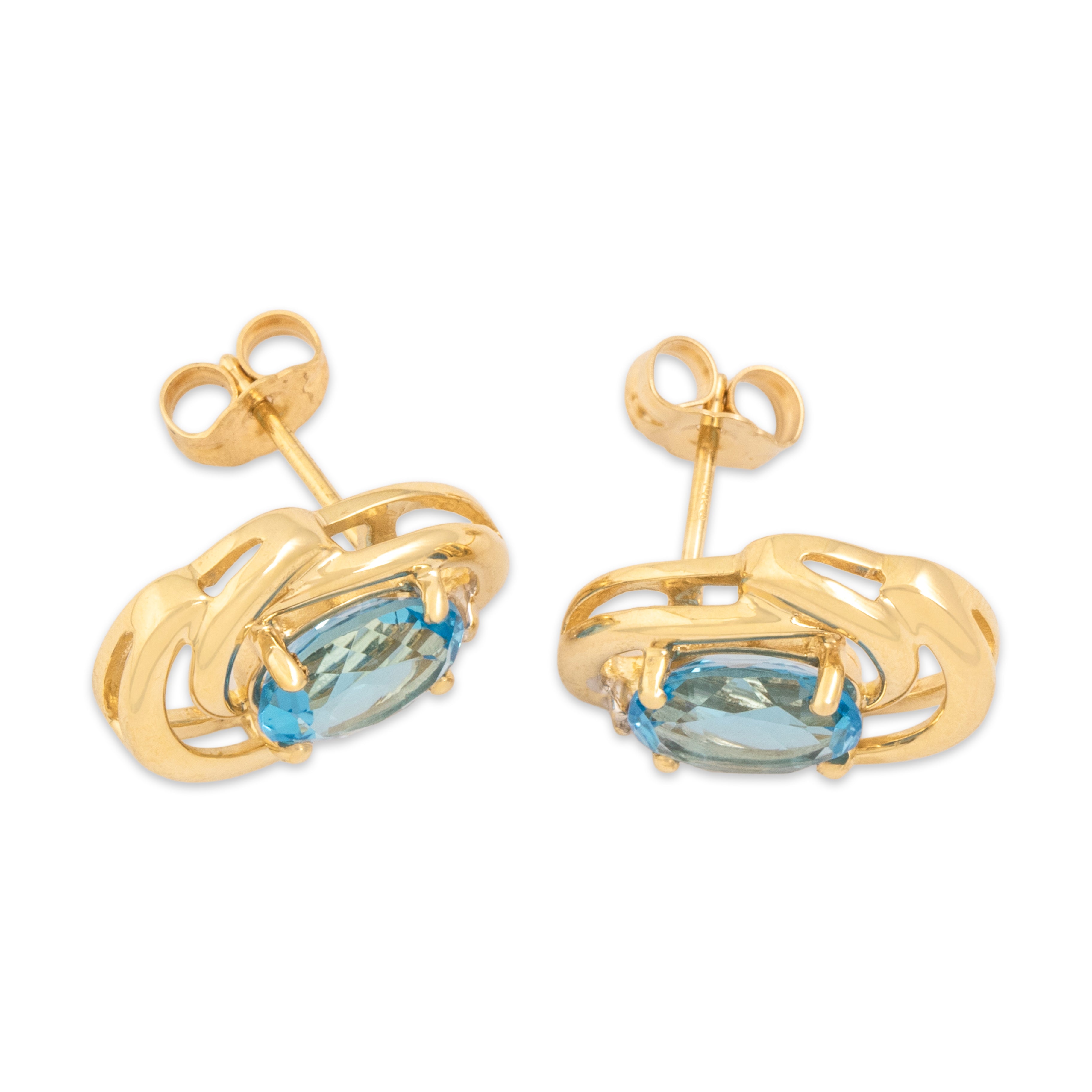 Vintage 14k Yellow Gold 2.82cttw Blue Topaz Diamond Swooping Accented Oval Stud Earrings - Overall view