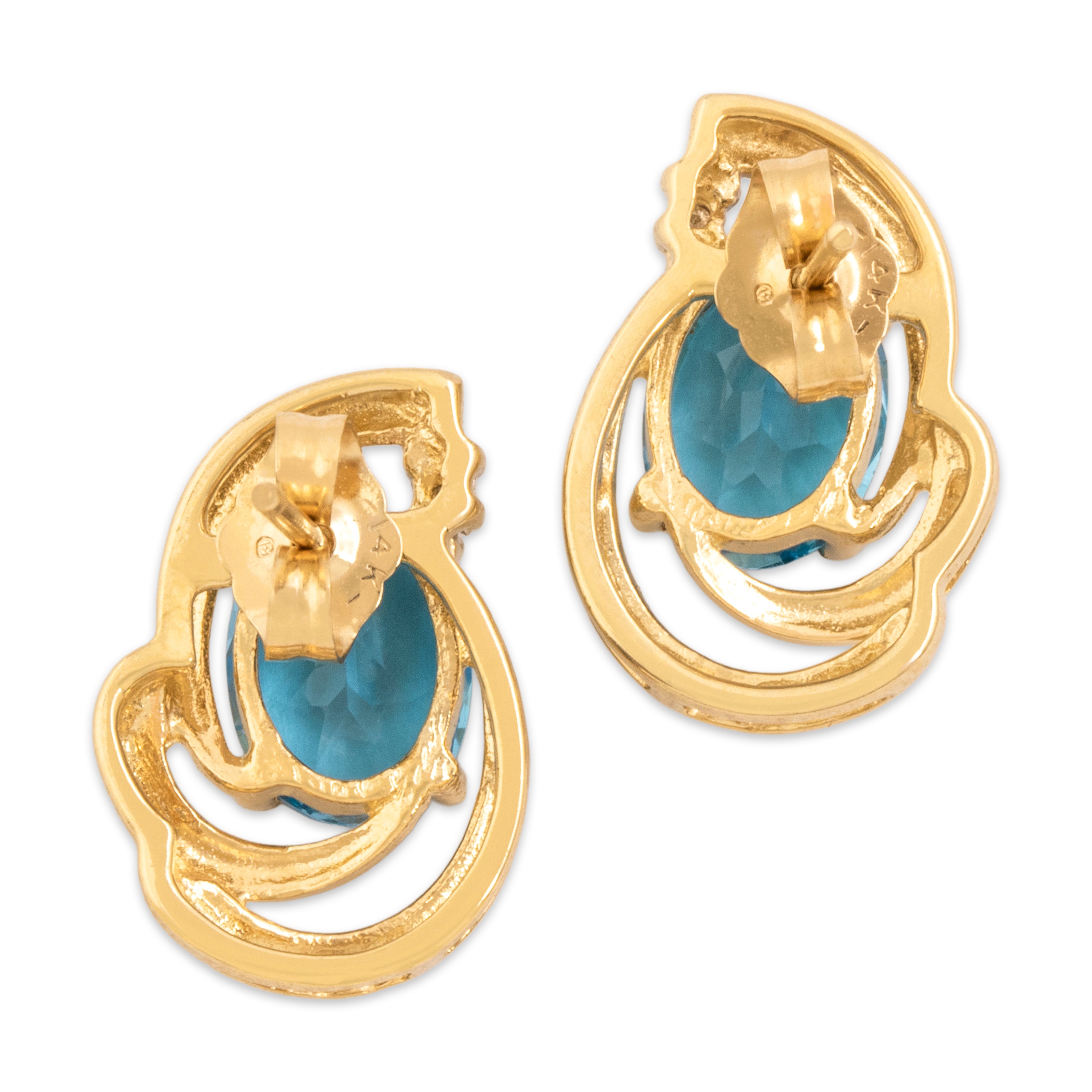 Vintage 14k Yellow Gold 2.82cttw Blue Topaz Diamond Swooping Accented Oval Stud Earrings - Back view