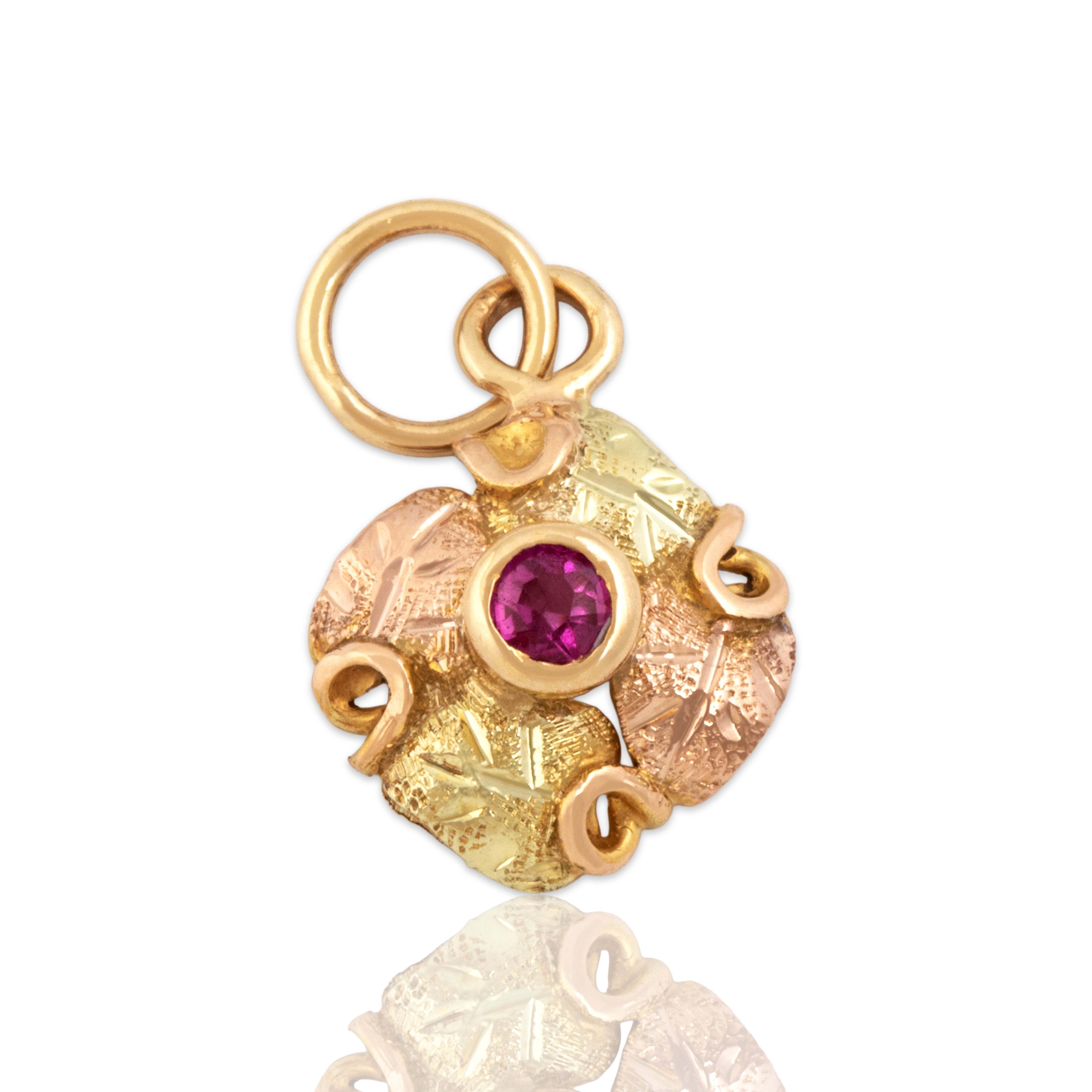 Antique 14k Yellow & Rose Gold Synthetic Ruby Leafy Framed Solitaire Charm / Pendant - Close-up view